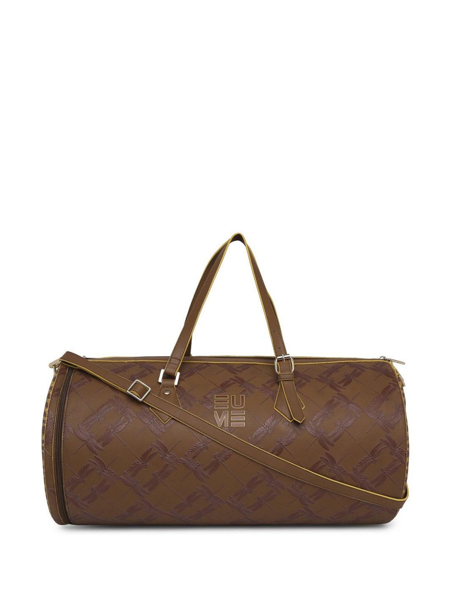 Eume Dragonfly Rubber Brown Leather Printed Duffle Bag