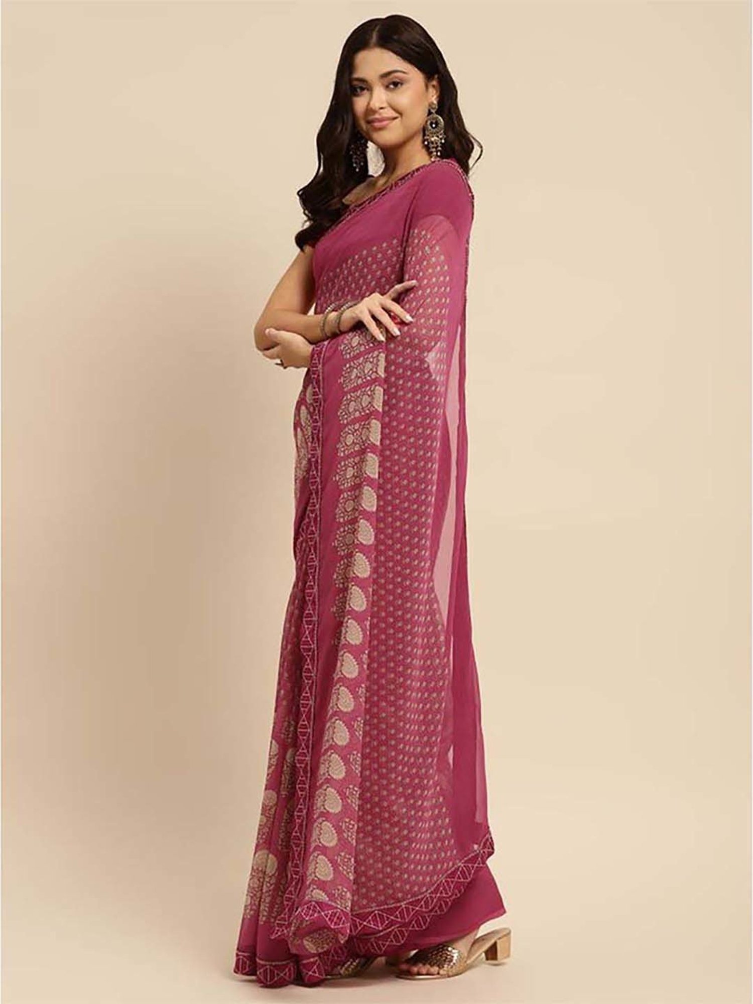 Rangita Purple Floral Print Saree With Unstitched Blouse