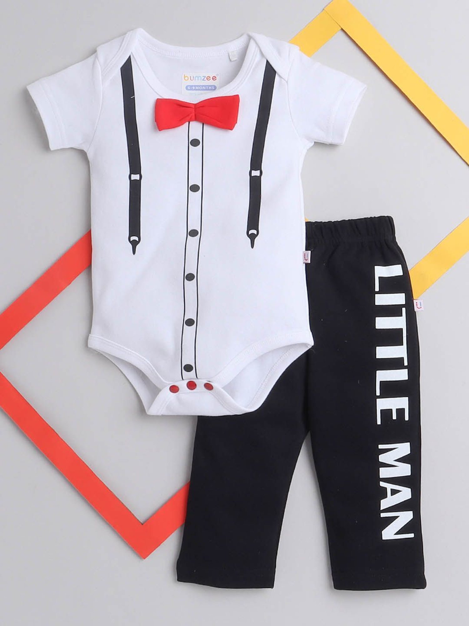 Bumzee Kids White & Black Printed Bodysuit with Pyjamas