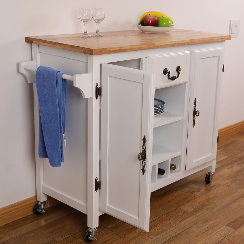 Basicwise Large Wooden Kitchen Cart & Island Trolley with Heavy Duty Rolling Casters