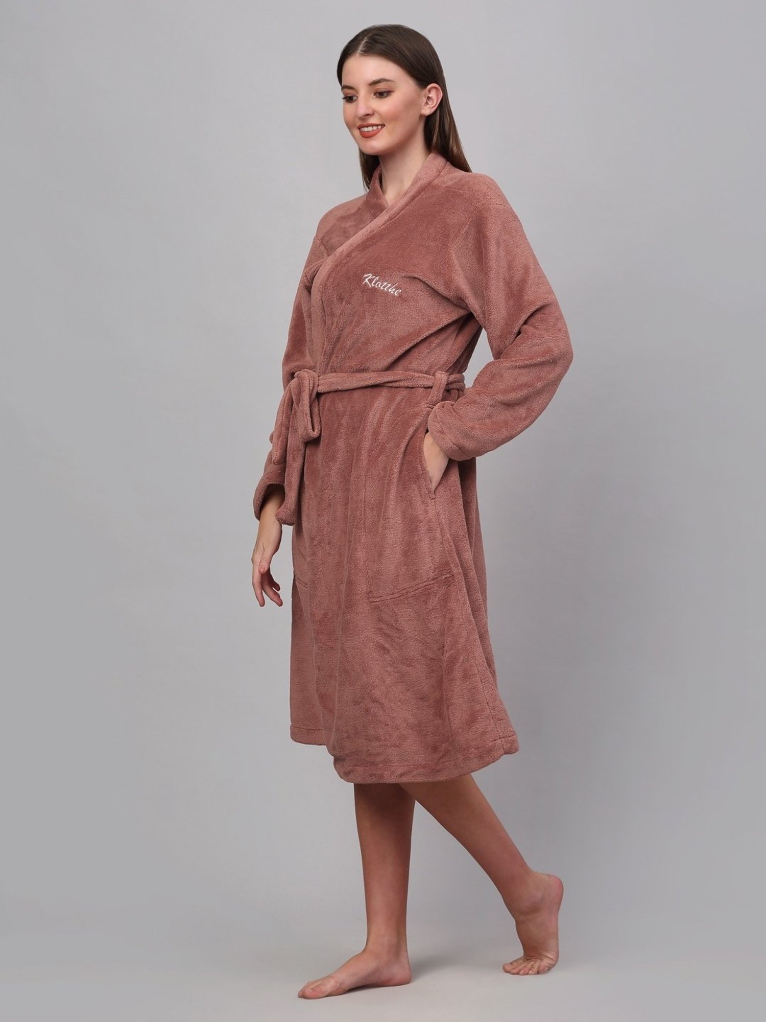Klotthe Embellished Brown 210 GSM Cotton Bath Robe with Belt