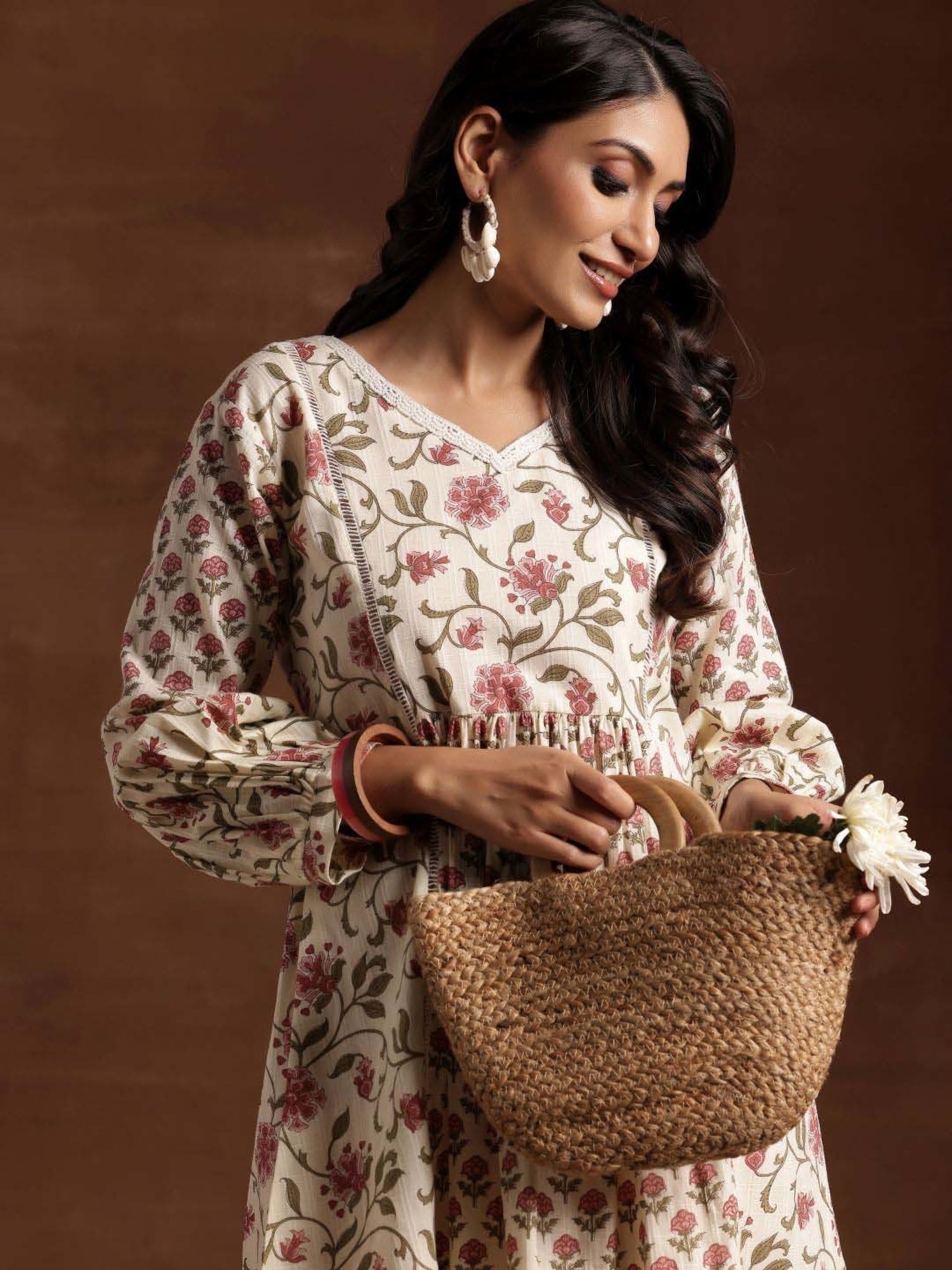 Libas Beige Cotton Printed A-Line Dress