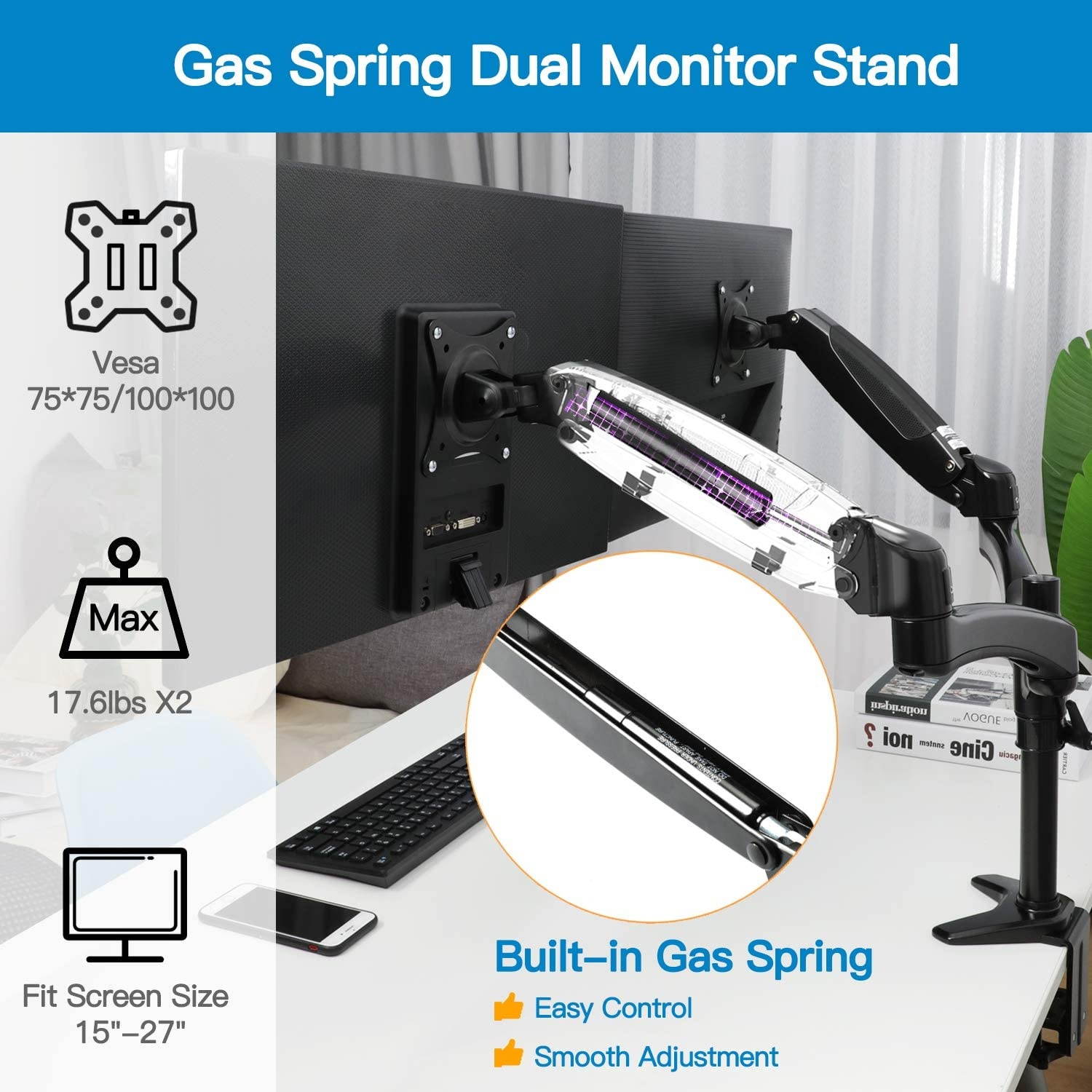 Dual Monitor Stand - Height Adjustable Gas Spring Monitor Desk Mount Fits 2 Flat/Curved Computer Screens 15 to 27 Inch, Double Articulating Arms Vesa Bracket with C Clamp, Grommet Mounting