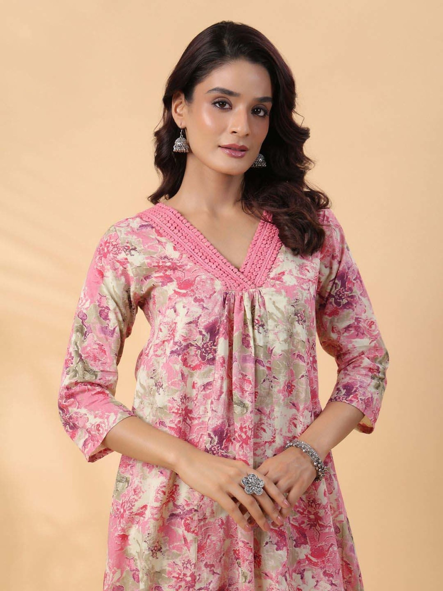 Janasya Beige Cotton Printed Kurta & Pant Set