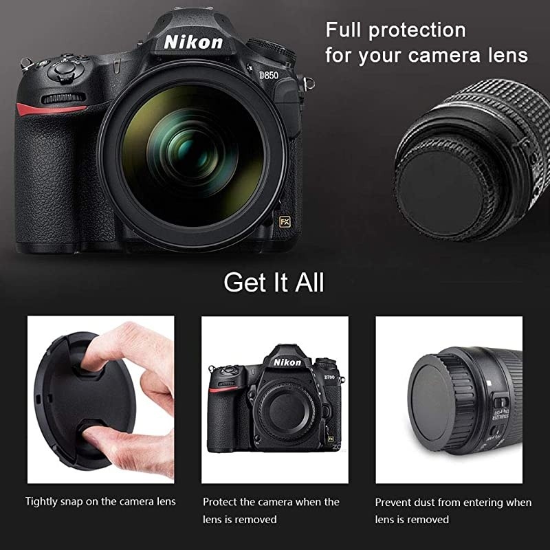 52mm Snap on Center Pinch Front Lens Cap Rear Lens Cap Body Cap Replacement for Nikon DSLR D3500 D3400 D3300 D3200 D3100 D7100 D7000 D850 P1000 D5500 D5300 Antidust Lens Protector2 Sets