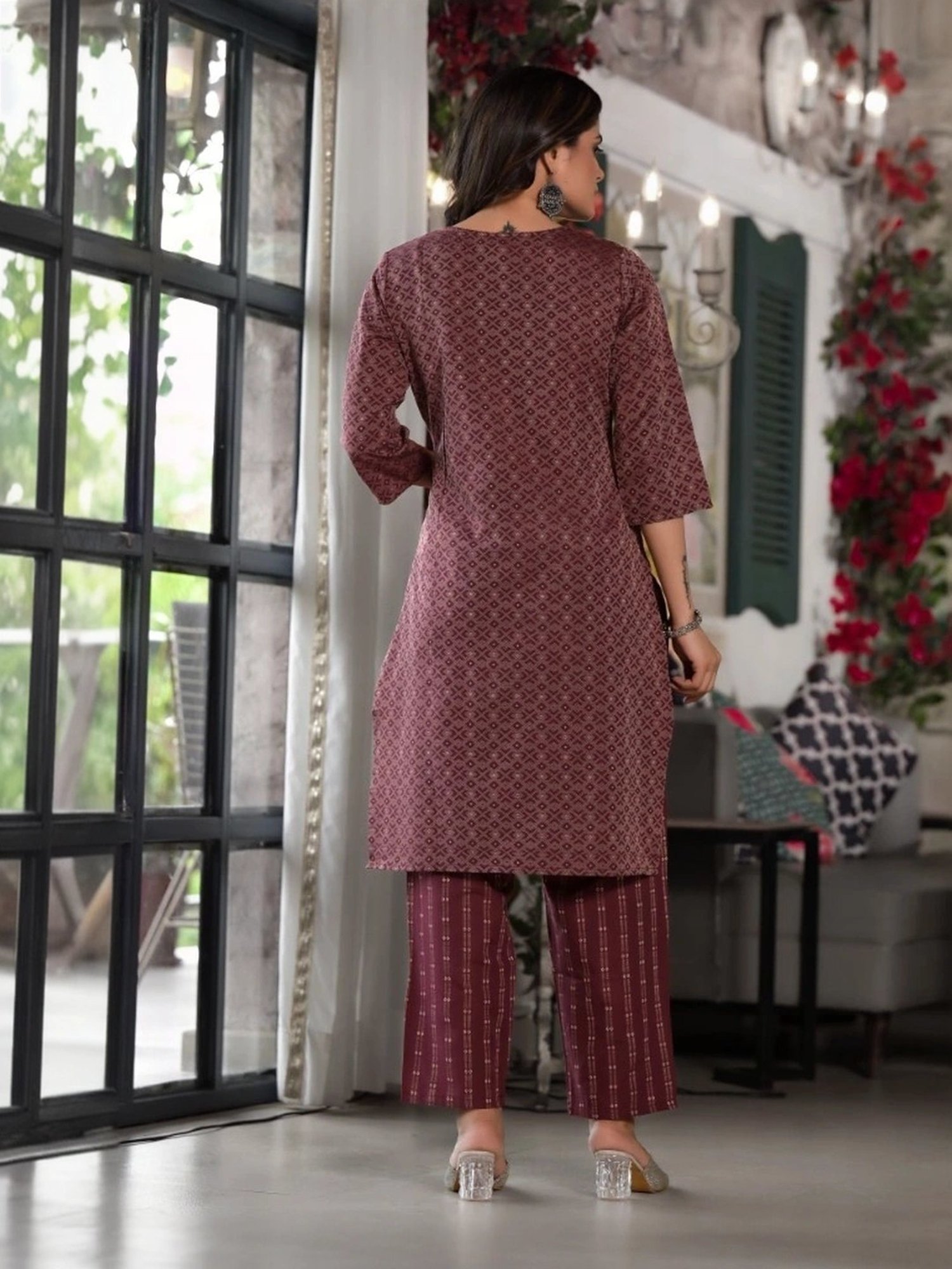 Juniper Maroon Cotton Printed Kurta Pant Set With Dupatta