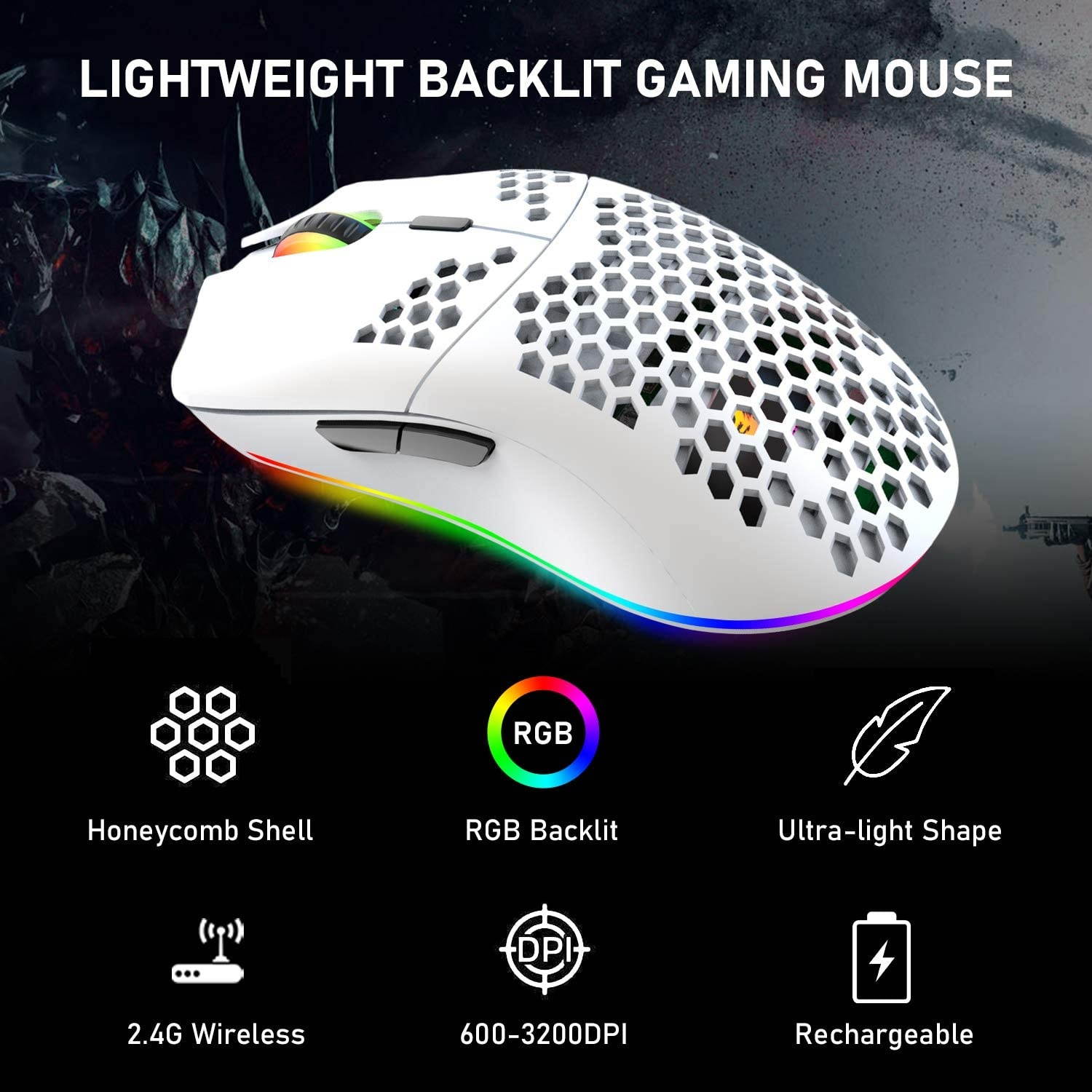 Wireless Gaming Mouse Lightweight Honeycomb Design 3200 DPI Rechargeable Gaming Mouse with 16 Rainbow Backlit, USB Receiver,Compatible with PC Gamers and Xbox and PS4 Users(White)