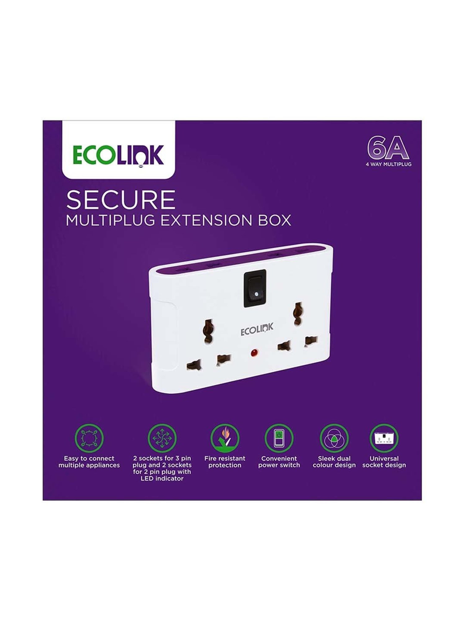 Ecolink Secure 4 way 6A Univeral Multiplug Adapter with LED Indicator (White & Purple)