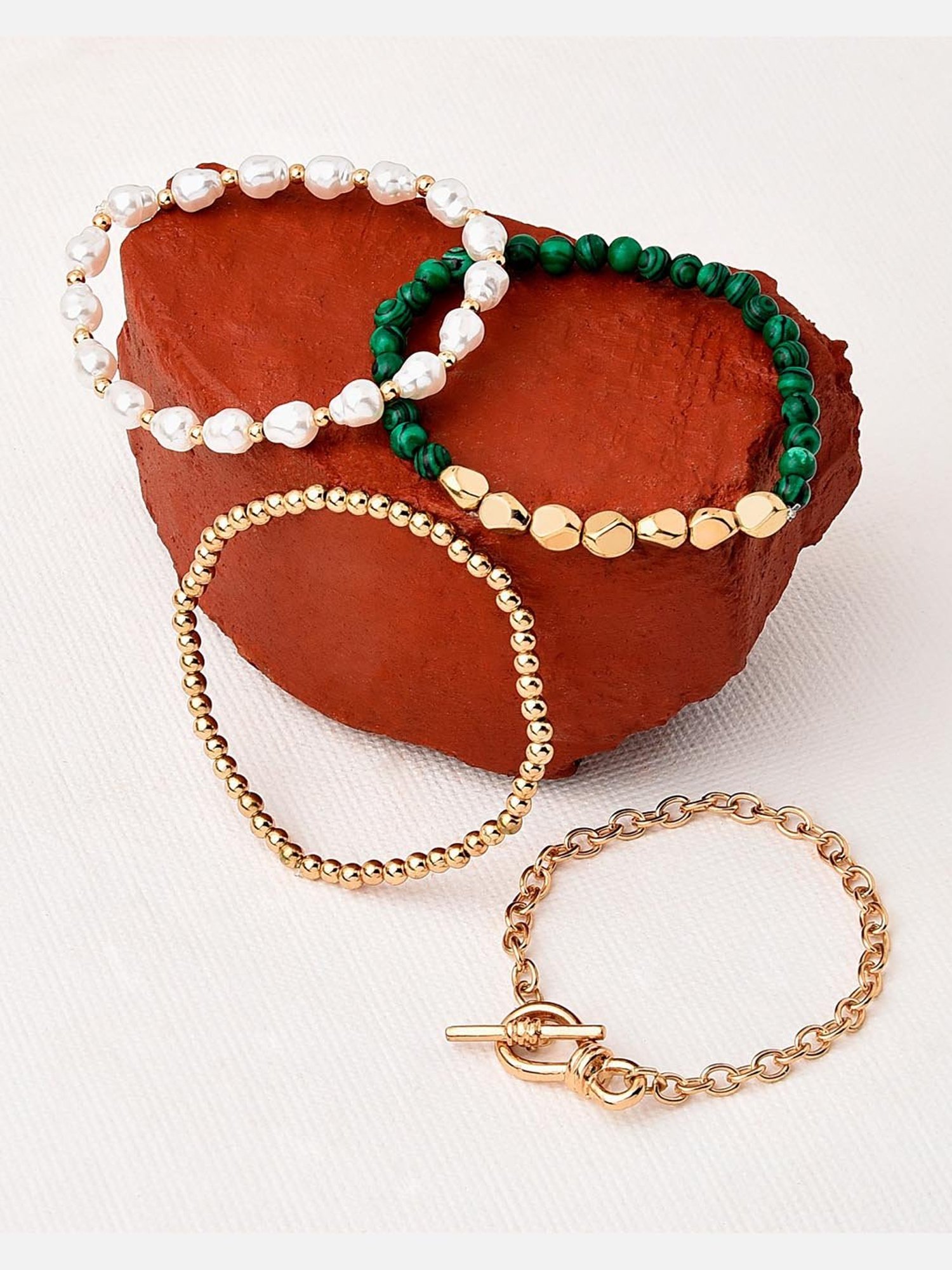 Accessorize London Reconnected Green & Pearl White Flexible Fit Bracelet (Set of 4)