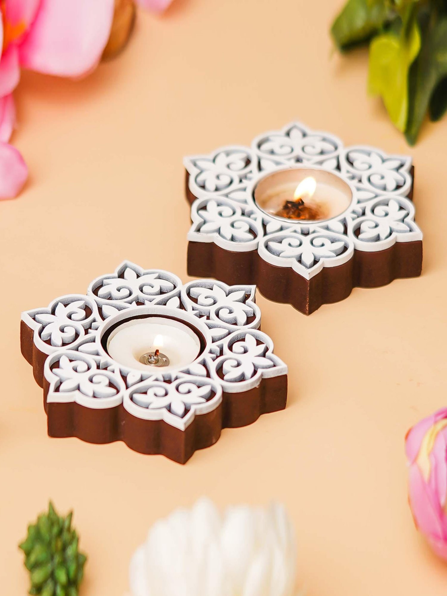 eCraftIndia Set of 12 Wooden Floral Printing Block Decorative Tea Light Candle Holder