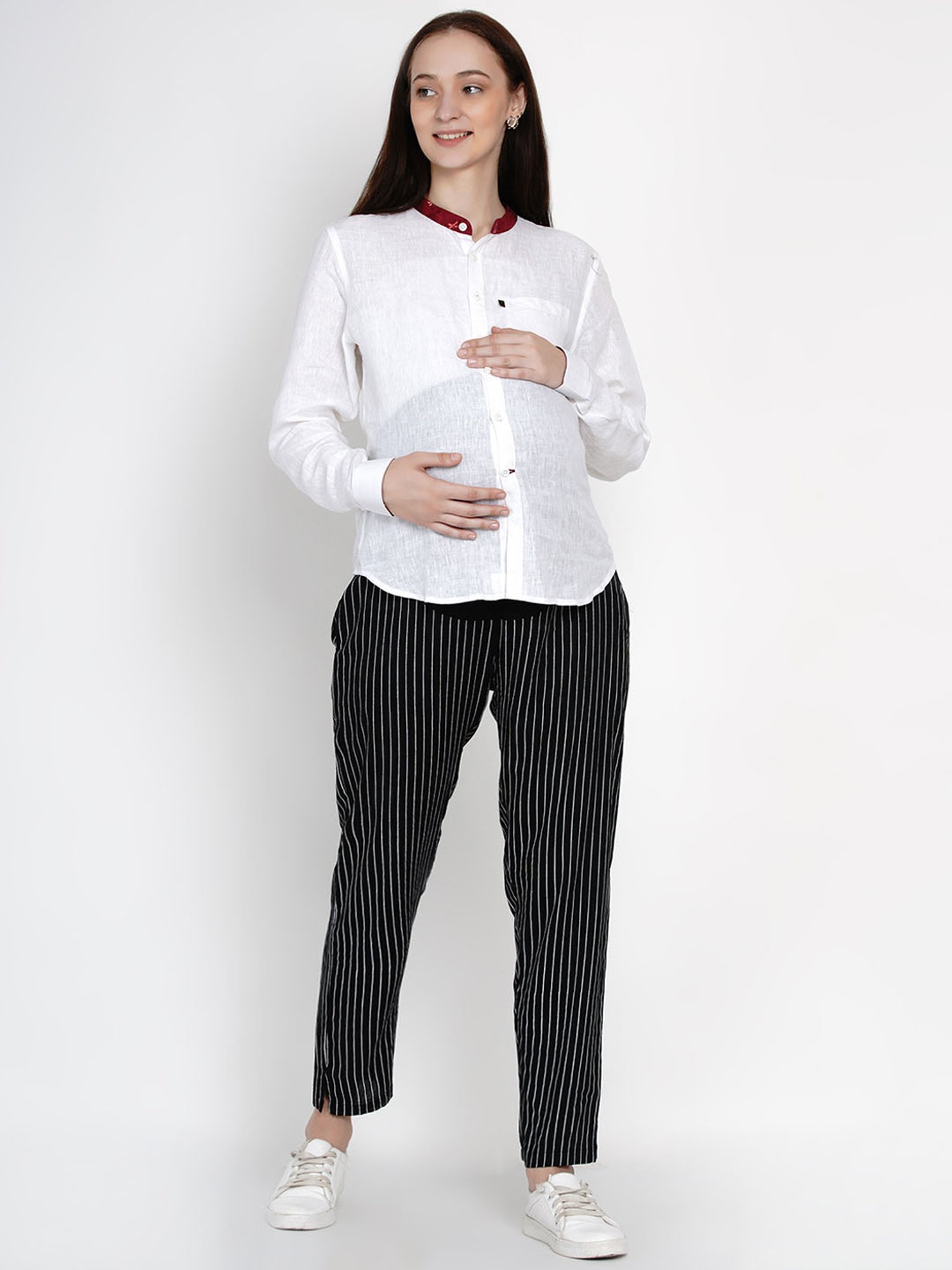 Mine4Nine Black & White Striped Maternity Pants