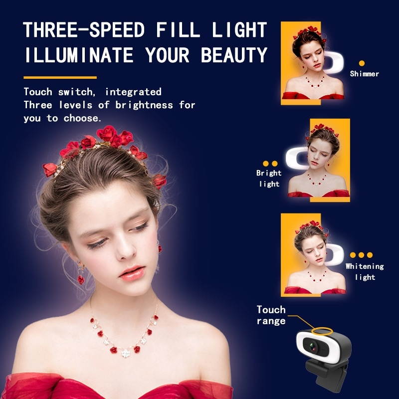 Webcam, 2K HD Without Distortion 360 Degrees Rotate Three-speed Fill Light USB Free Drive Webcams, Built-in Clear Sound Microphone