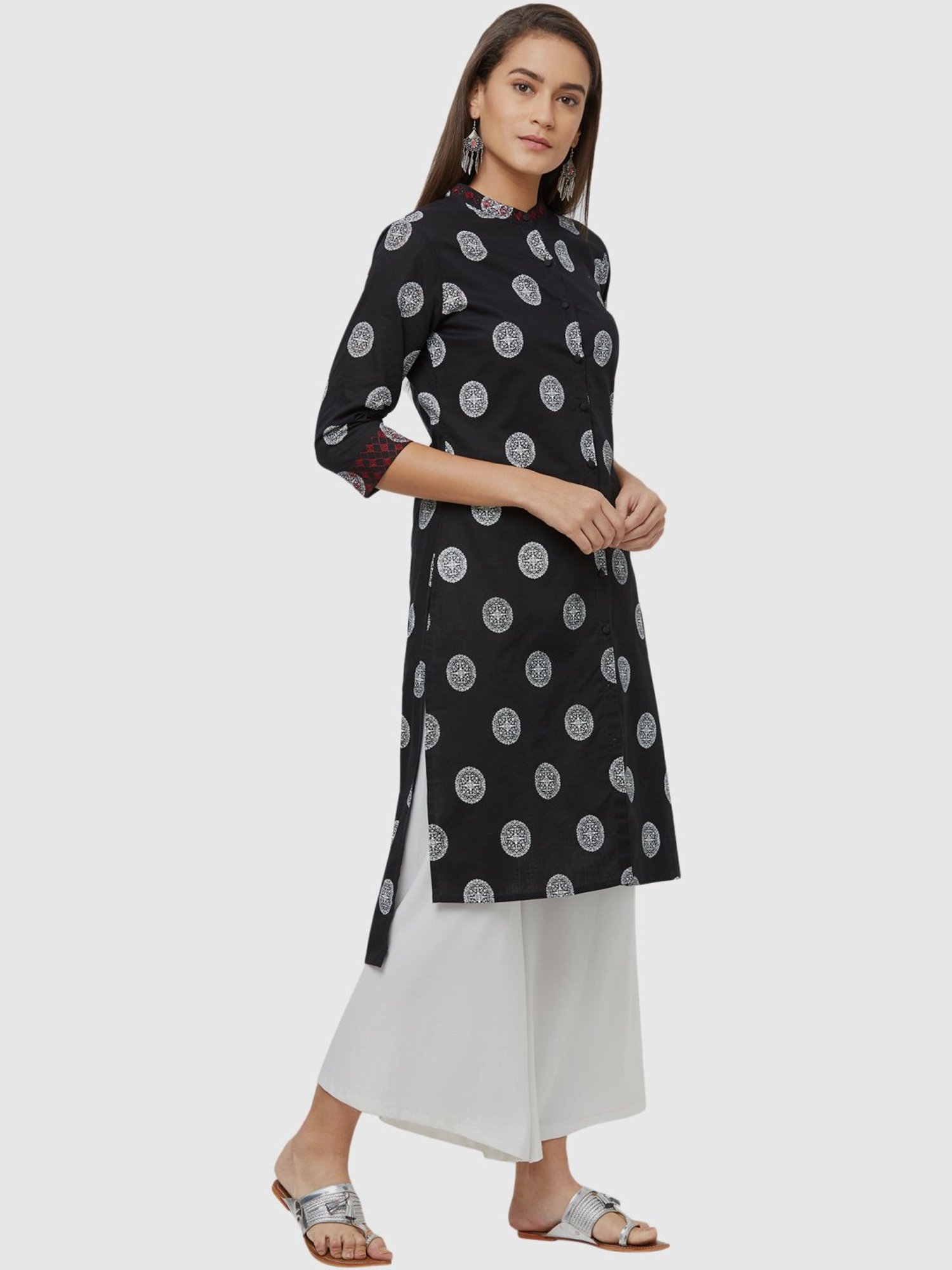 Fusion Beats Black Cotton Printed Straight Kurta