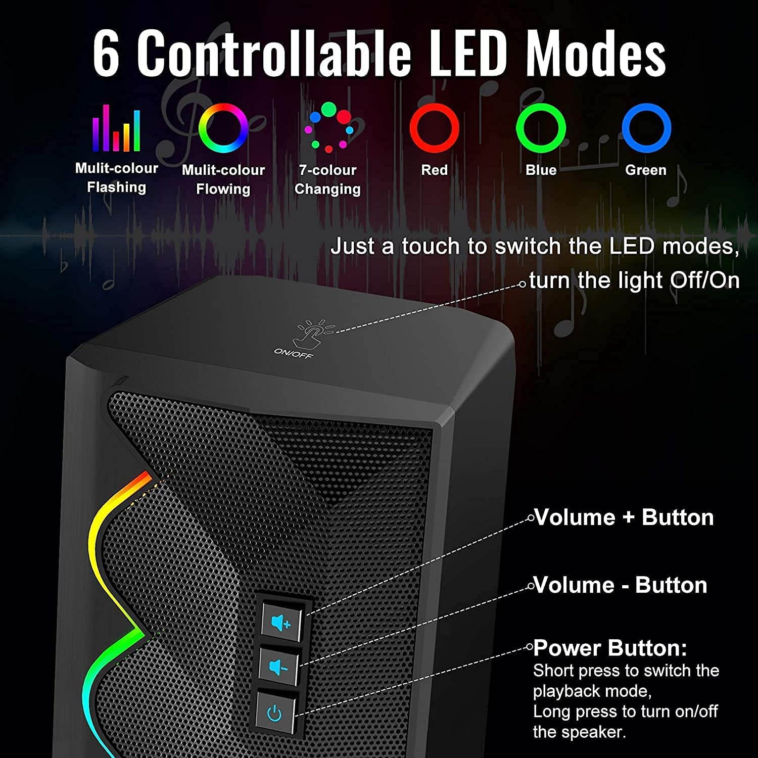 Computer Speakers for Desktop,USB Powered RGB Gaming PC Speakers Bluetooth Wireless & 3.5mm Aux Connection w/ 6 Colorful LED Modes for Mac Laptop Smartphone Tablet Game Console MP3