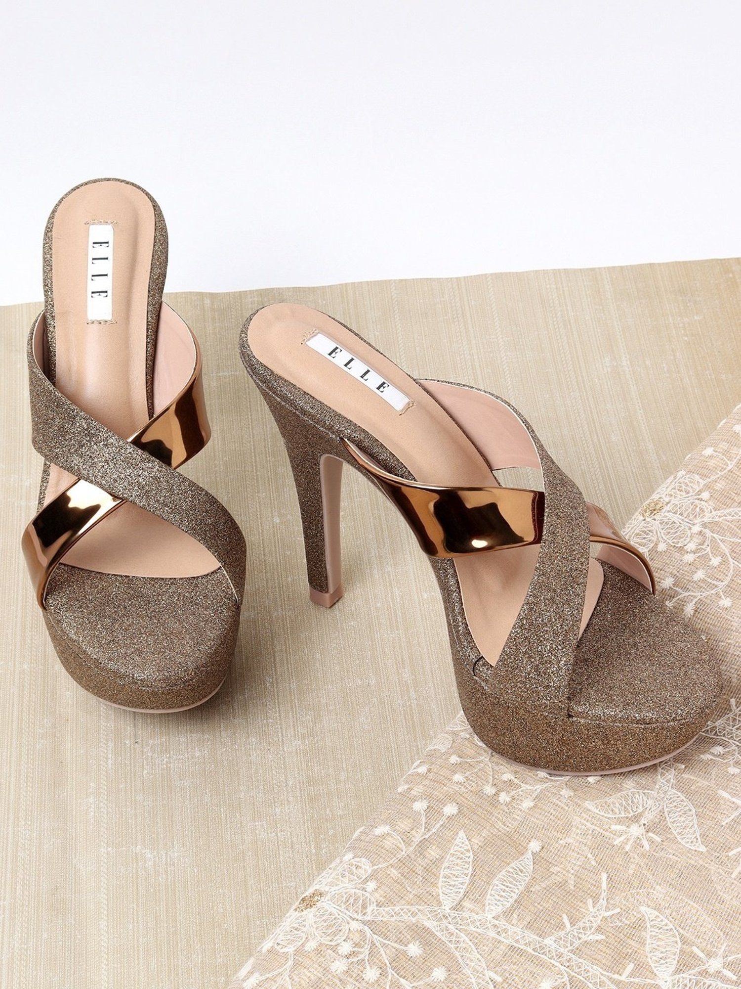 Elle Women's Antique Gold Cross Strap Stilettos