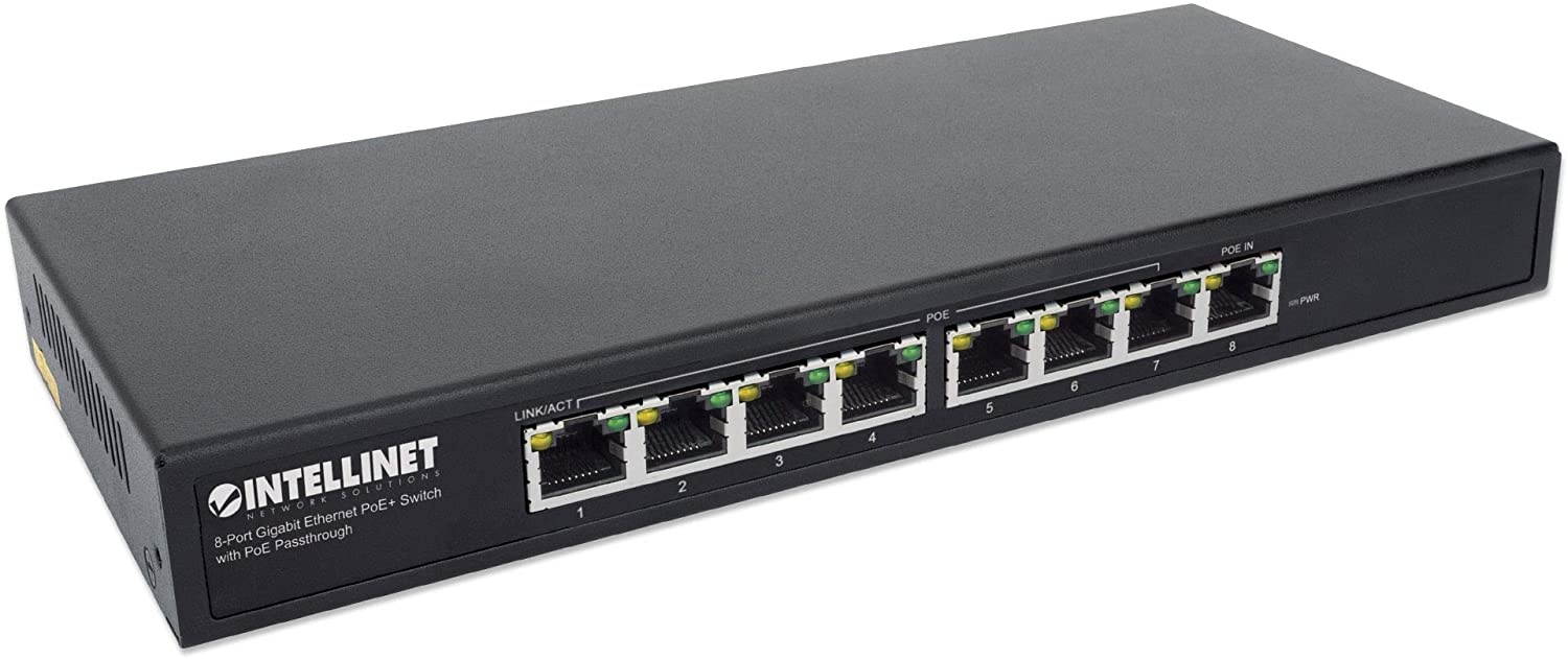 Intellinet 8-Port PoE Passthrough Gigabit Ethernet Switch - with 1 x 90W PoE+ Input, 7 x PoE Outputs, 85W Power Budget via PoE PD, IEEE 802.3at/af Compliant, 3 Year Warranty - 561679