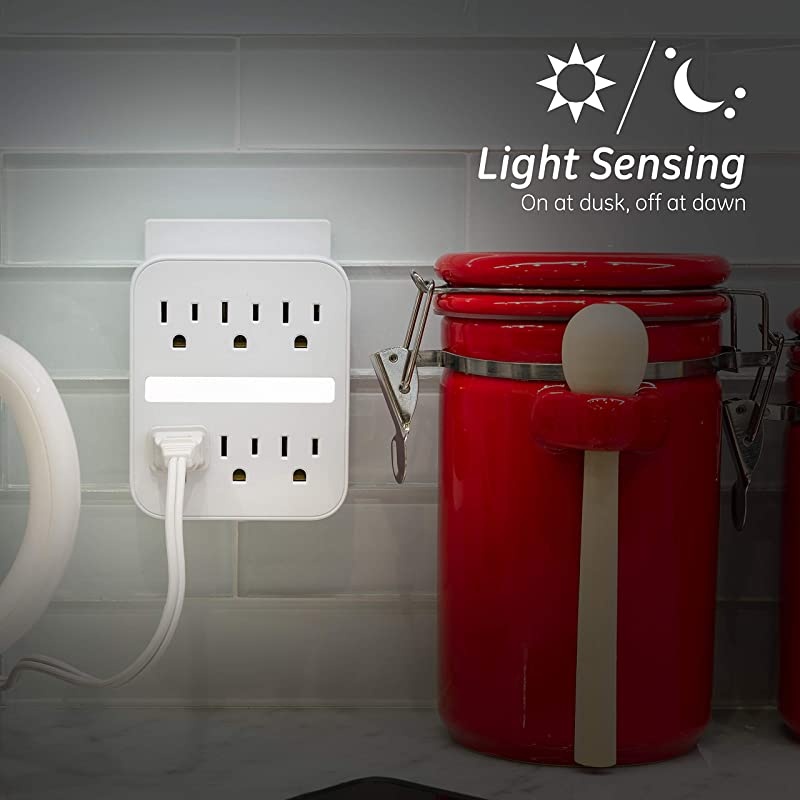 Pro 6 Outlet Sur Protector Wall Adapter with Light Sensing Night Light 3Prong Charging Station 440 Joules Protection Rating Automatic Shutdown White 41626
