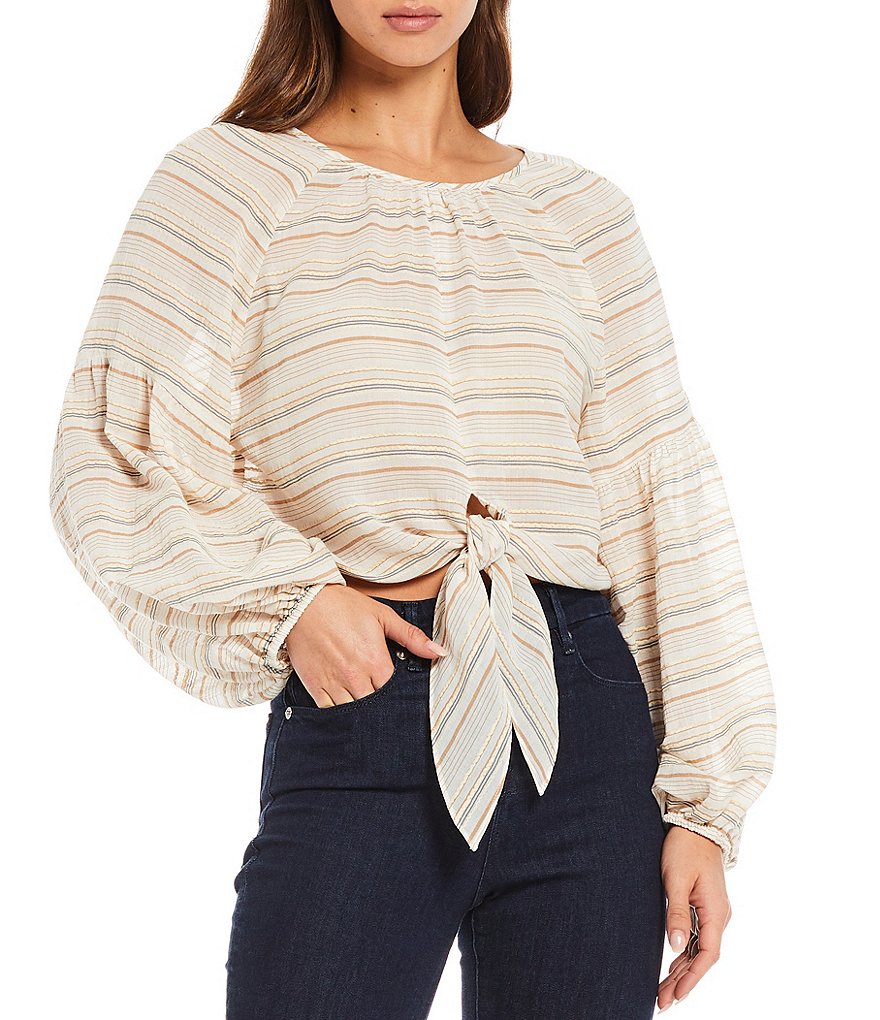 Gianni Bini Woven Serena Long Sleeve Striped Tie Detail Blouse