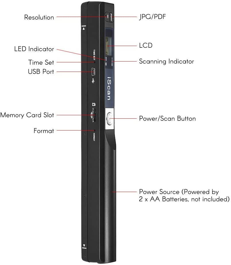 Portable handheld large-capacity mobile receipt and document scanner Mini scanner Suitable for PC and Mac Suitable for business receipt JPEG/PDF format (900DPI, AA battery power) BLACK