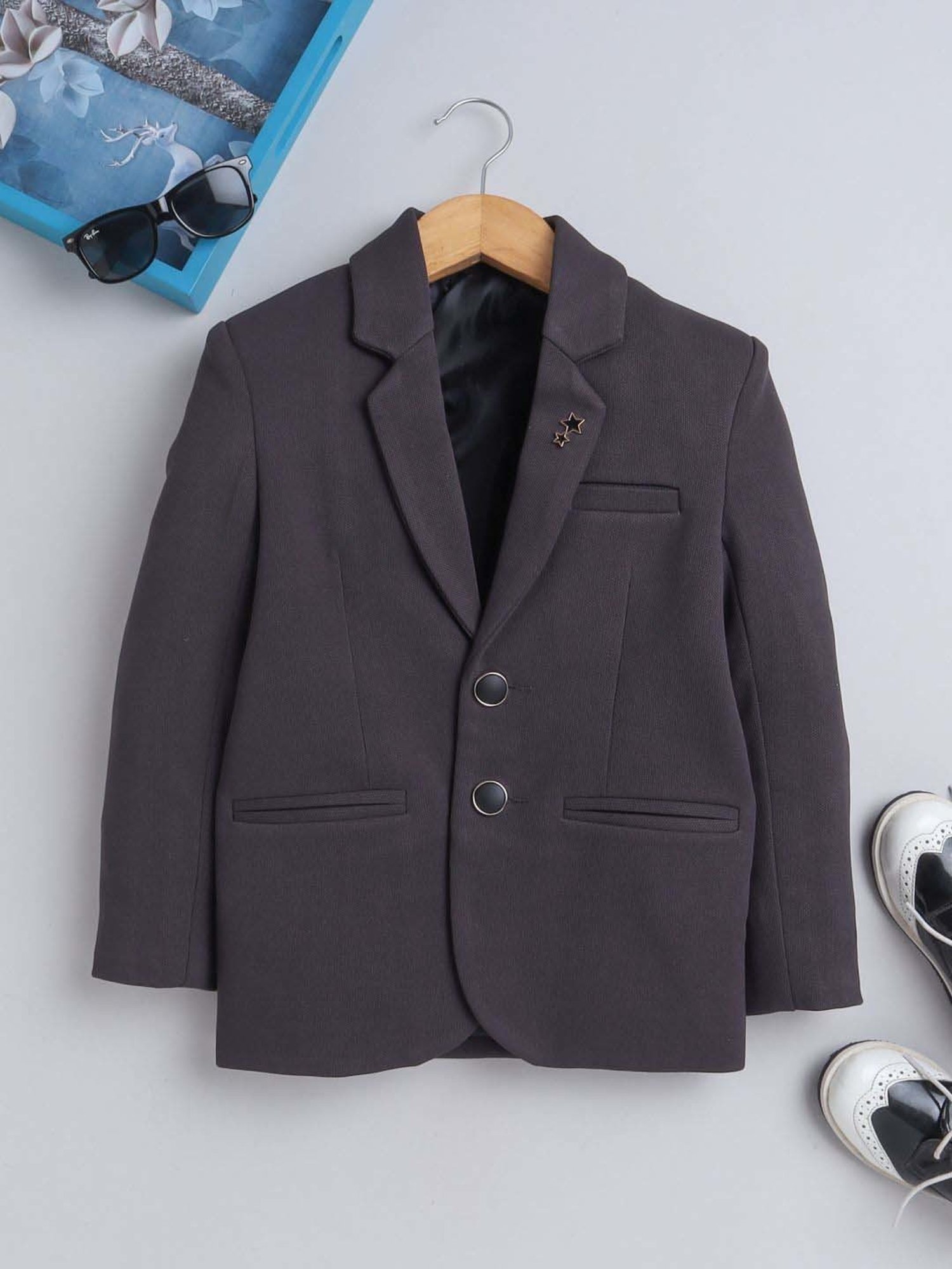 Fourfolds Boys Darkgrey Solid Full Sleeves Blazer