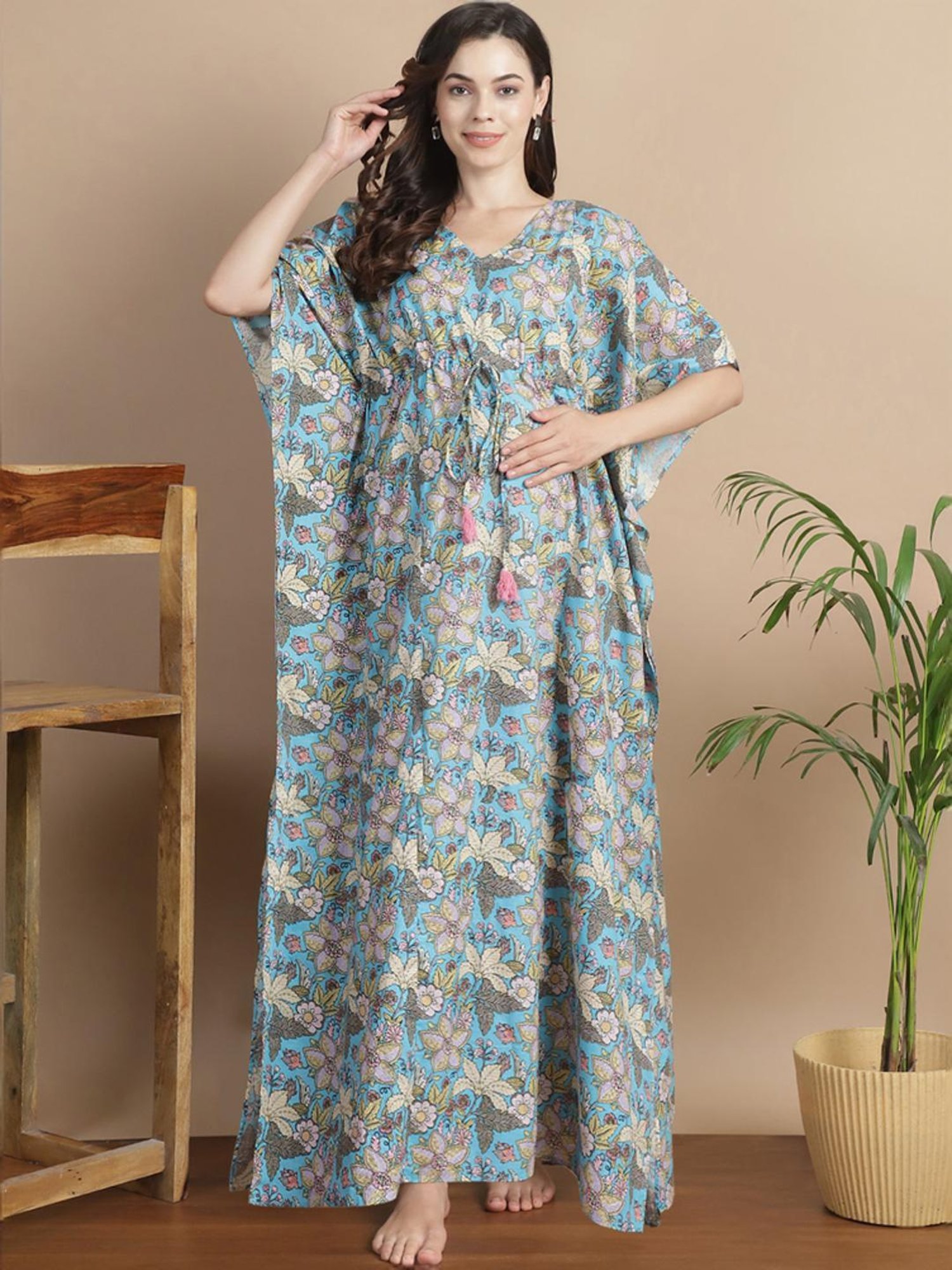 Secret Wish Sky Blue Cotton Floral Print Kaftan