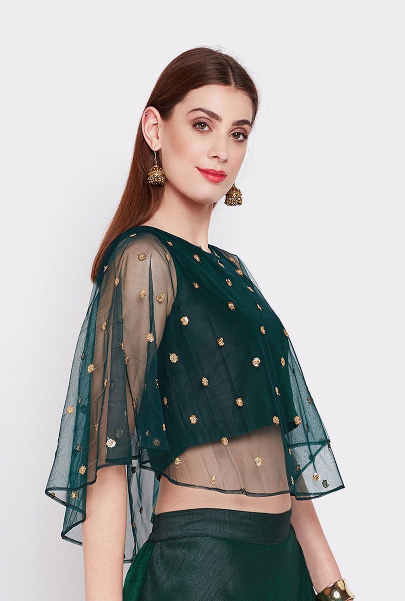 Studio Rasa Green Embellished Cape Top