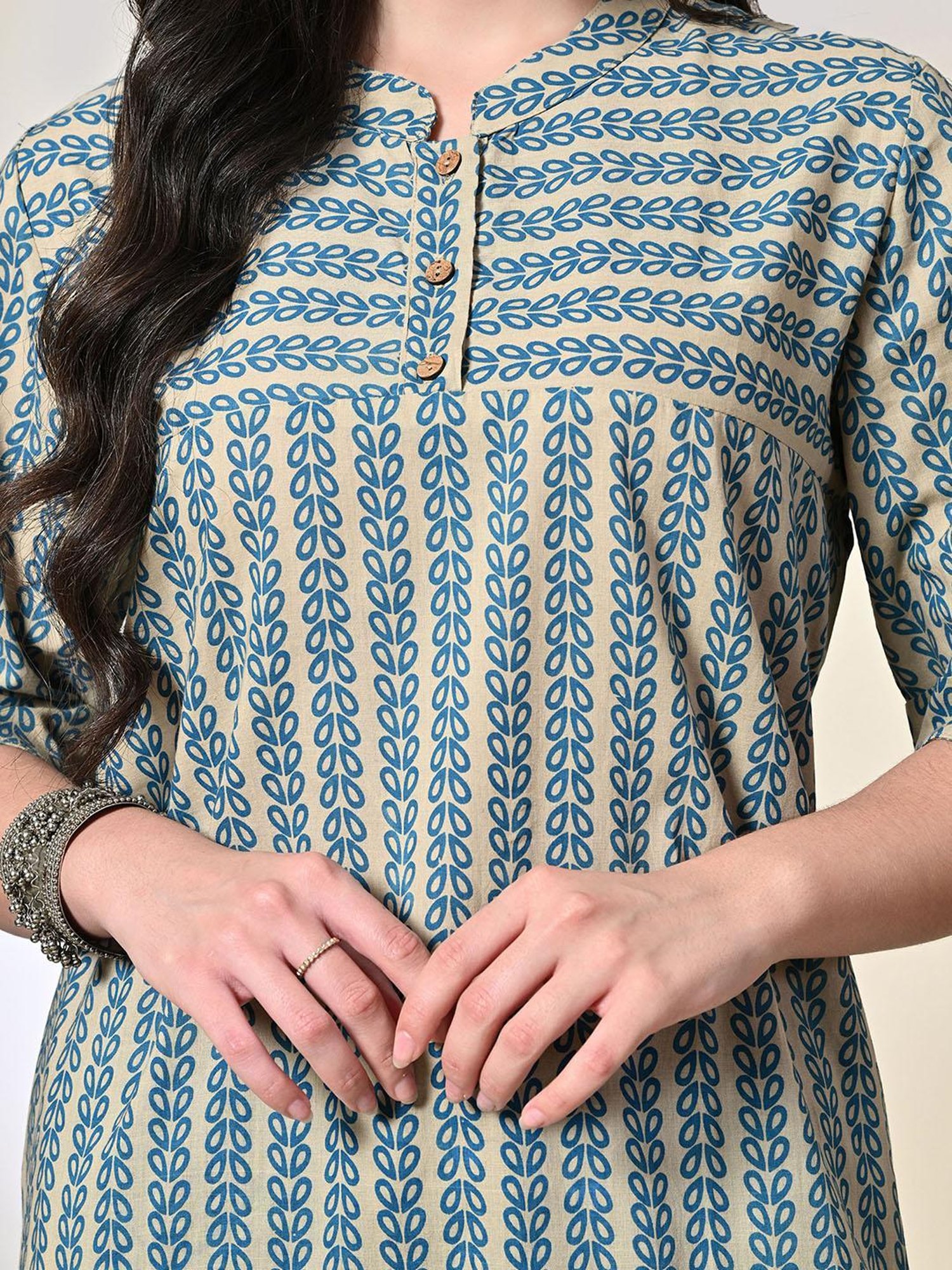 DECKEDUP Teal & Beige Cotton Printed Kurta