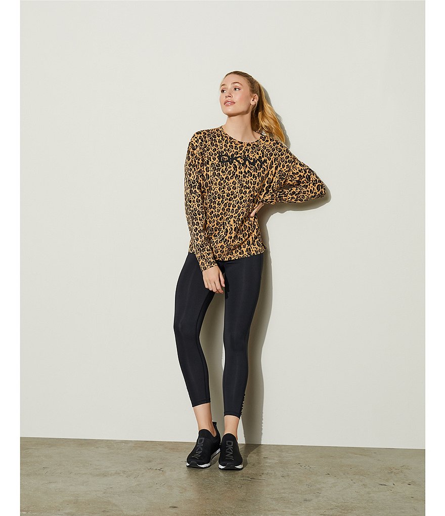 DKNY Sport Long Sleeve Leopard Print Crew Neck Logo Tee