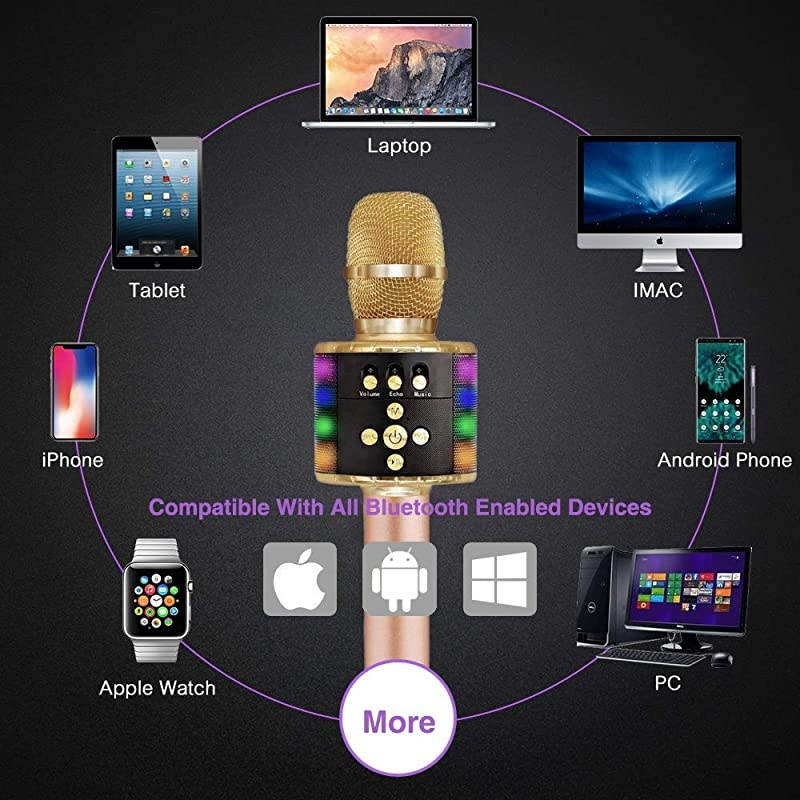 Wireless Bluetooth Karaoke Microphone with Multicolor LED Lights 4 in 1 Portable Handheld Home Party Karaoke Speaker Machine for AndroidiPhoneiPadSonyPCGolden