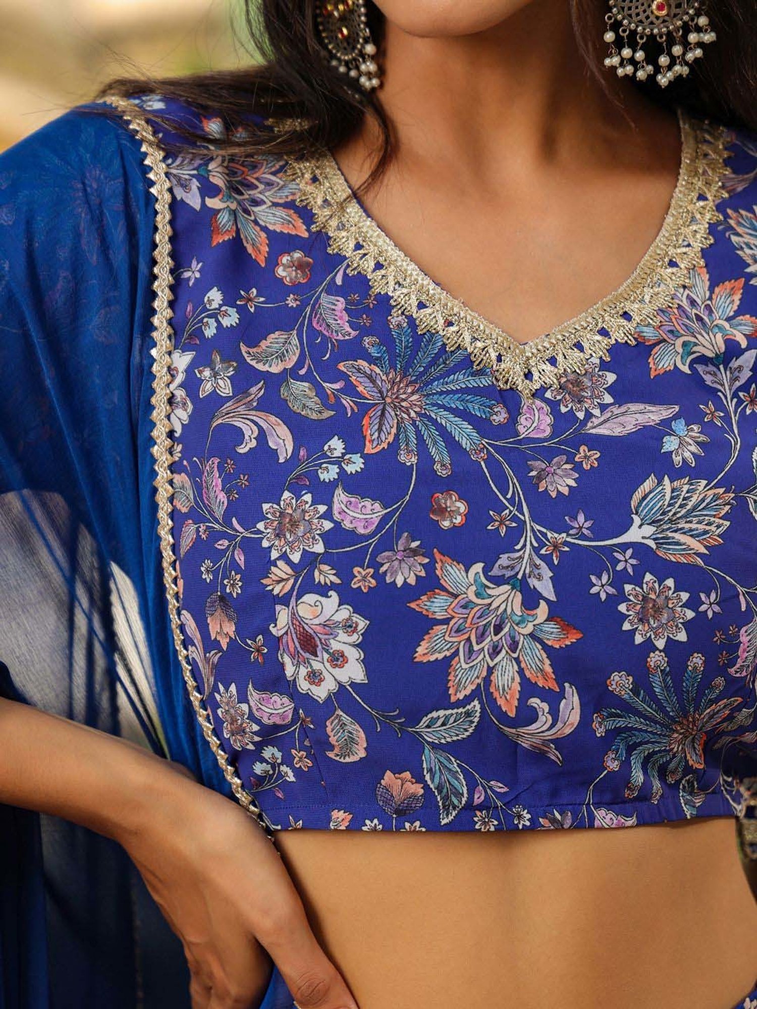 Janasya Blue Printed Lehenga Choli Set With Dupatta