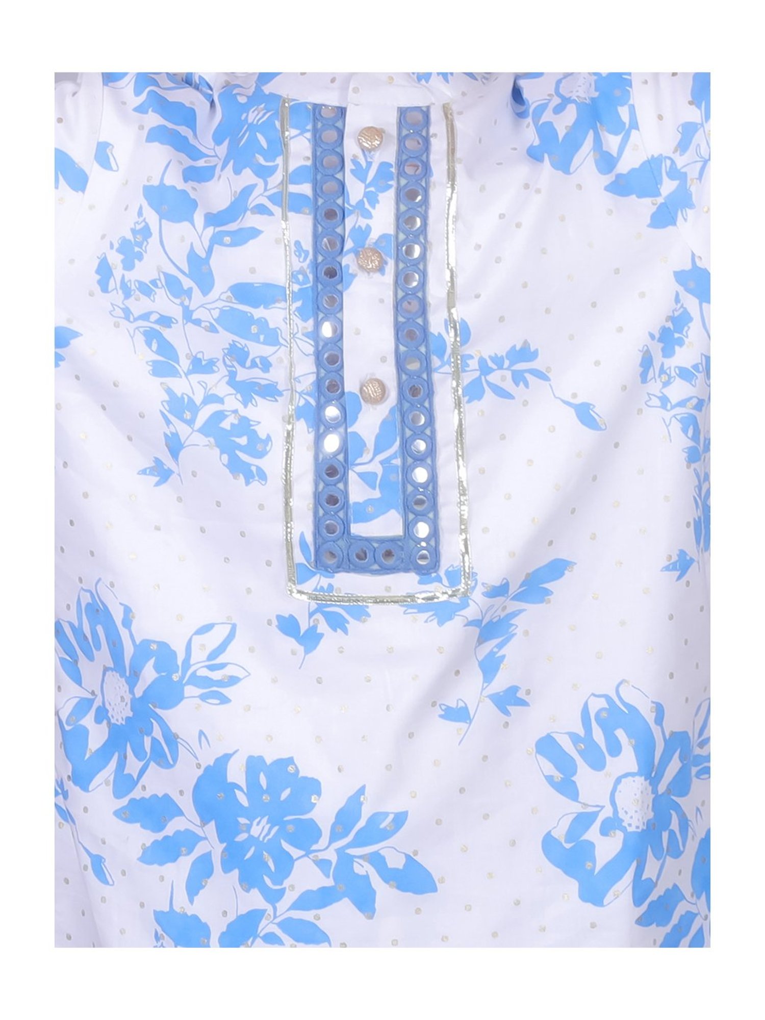 Lil Drama Kids White & Blue Floral Print Kurta with Pants