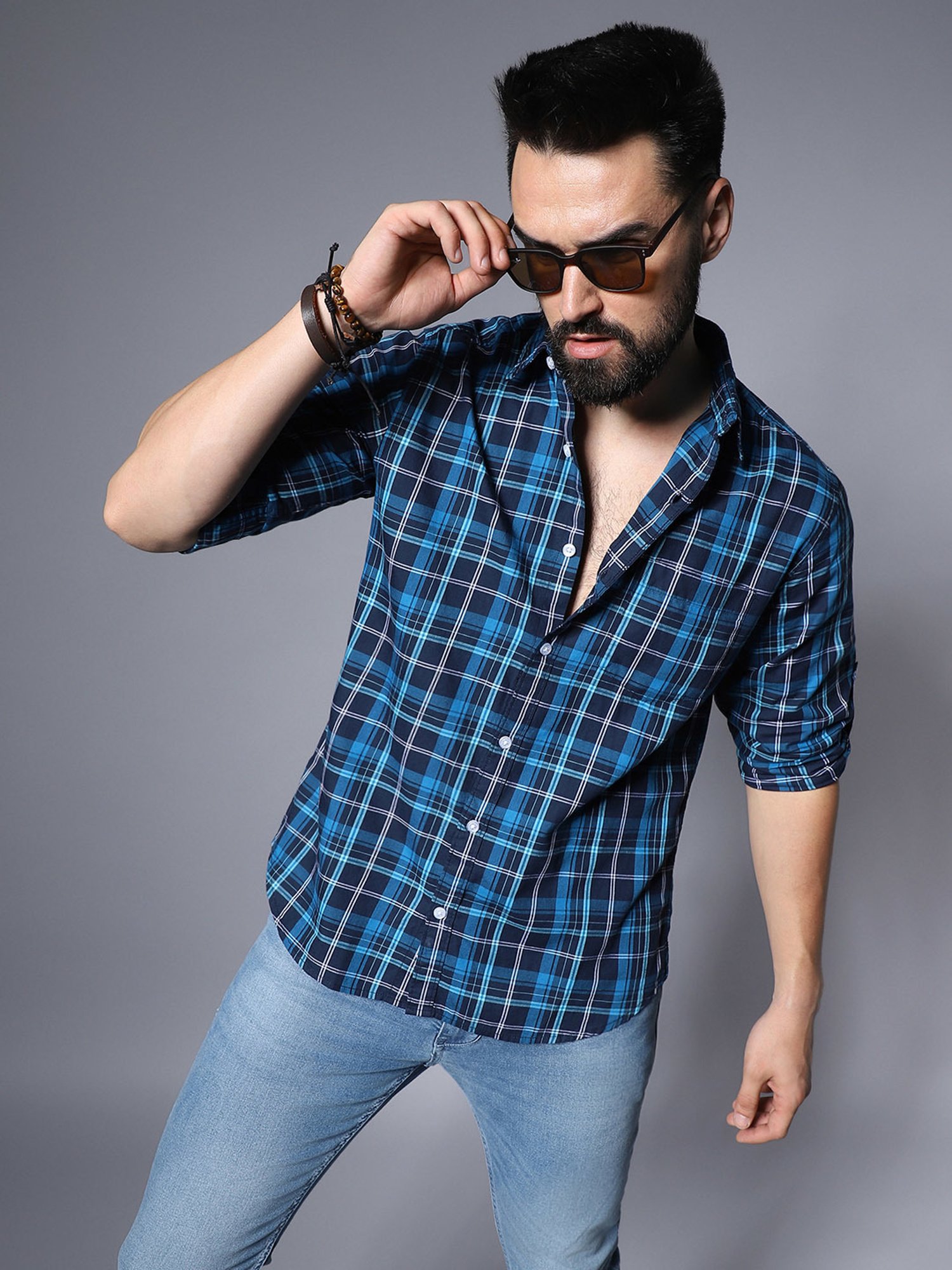 High Star Blue Relaxed Fit Checks Shirt