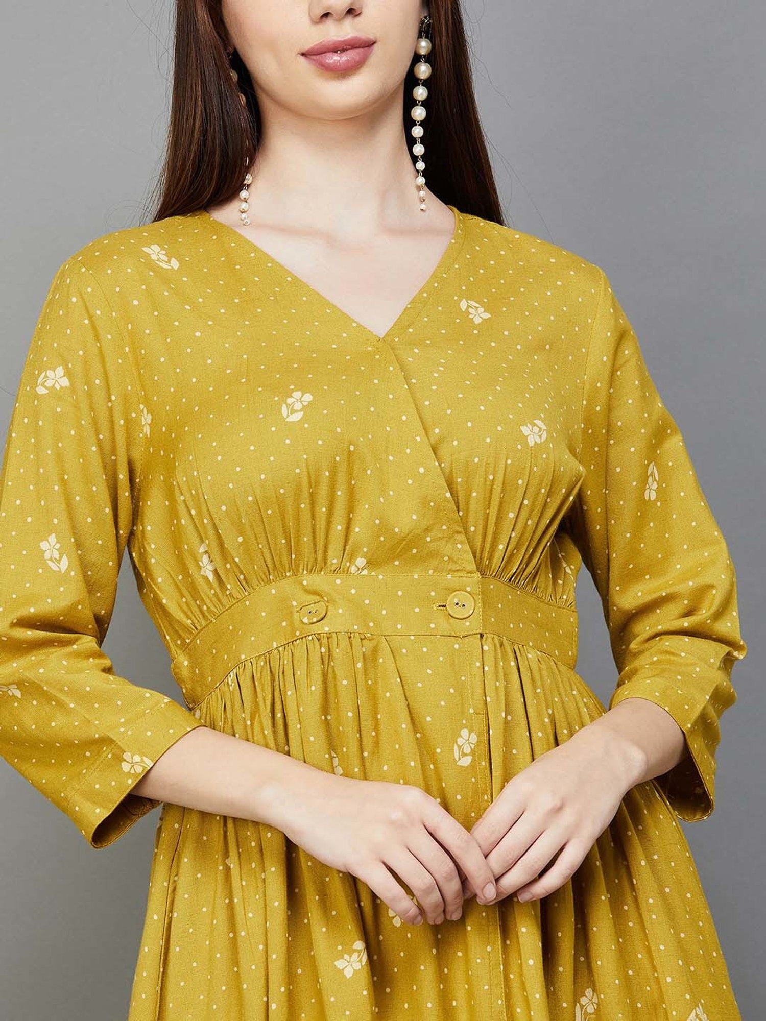 Colour Me by Melange Yellow Printed A-Line Dress