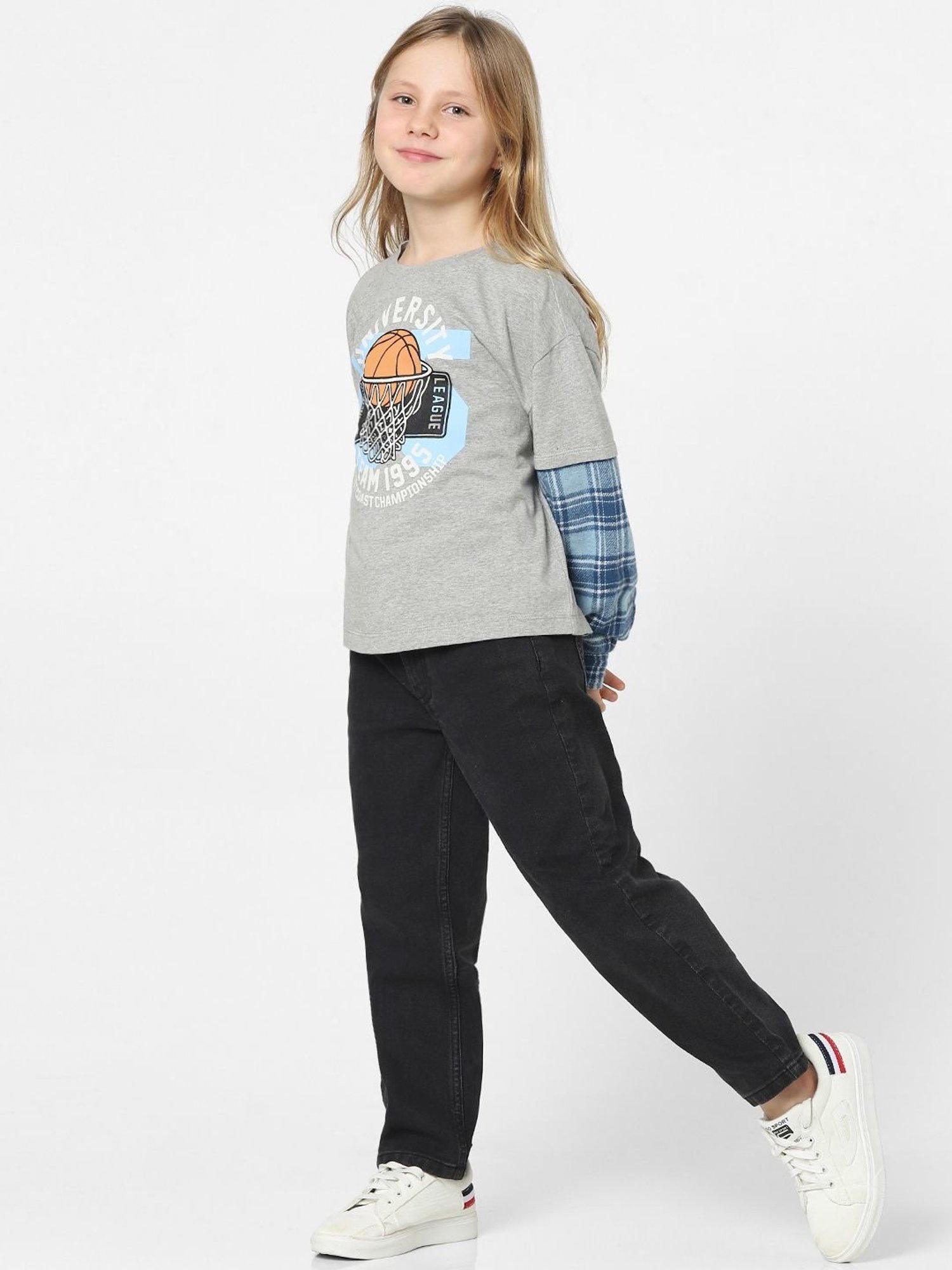 KIDS ONLY Melange Grey & Blue Cotton Printed Full Sleeves Sweatshirt