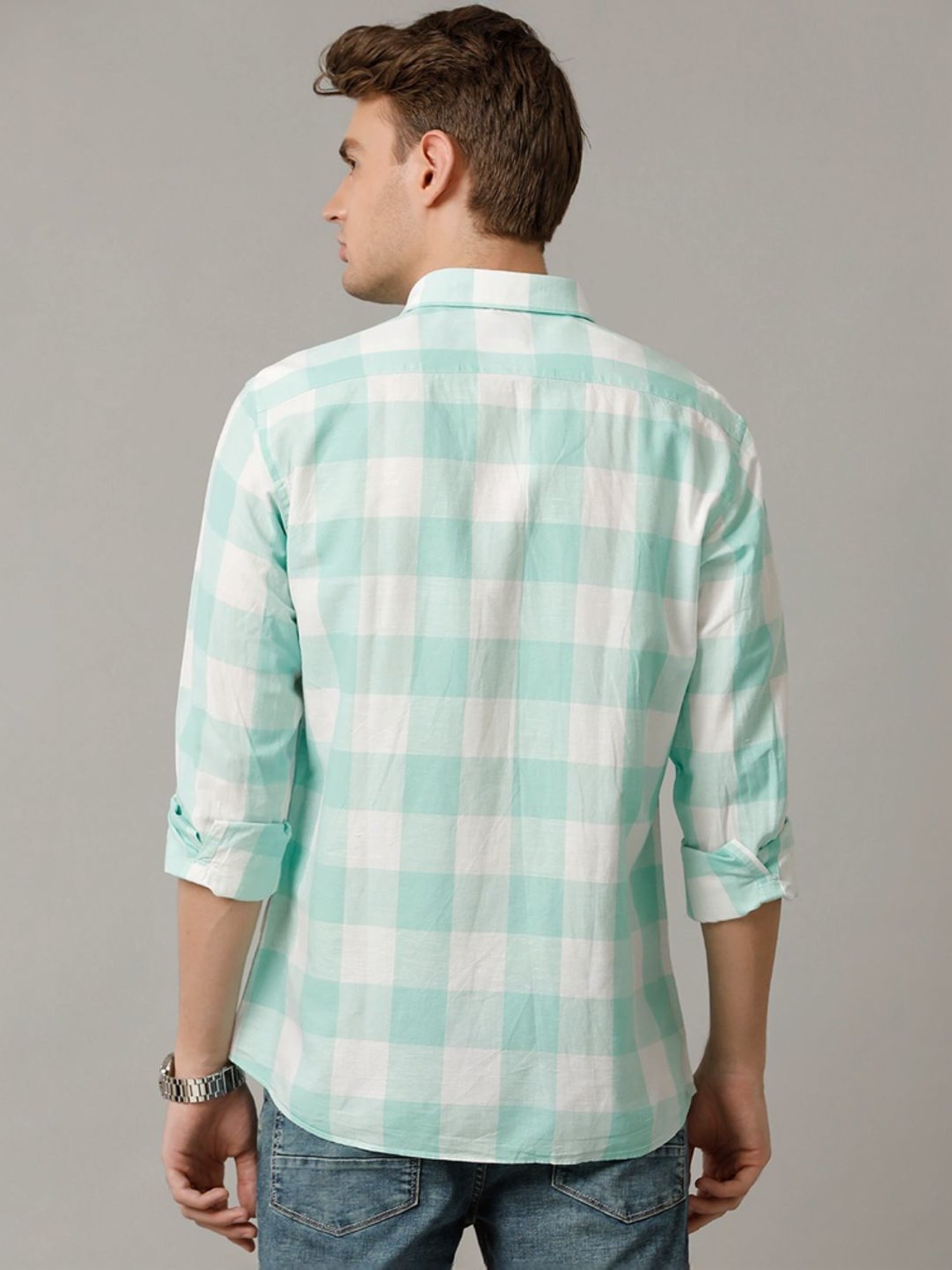 Cavallo By Linen Club Green Linen Contemporary Fit Checks Shirt