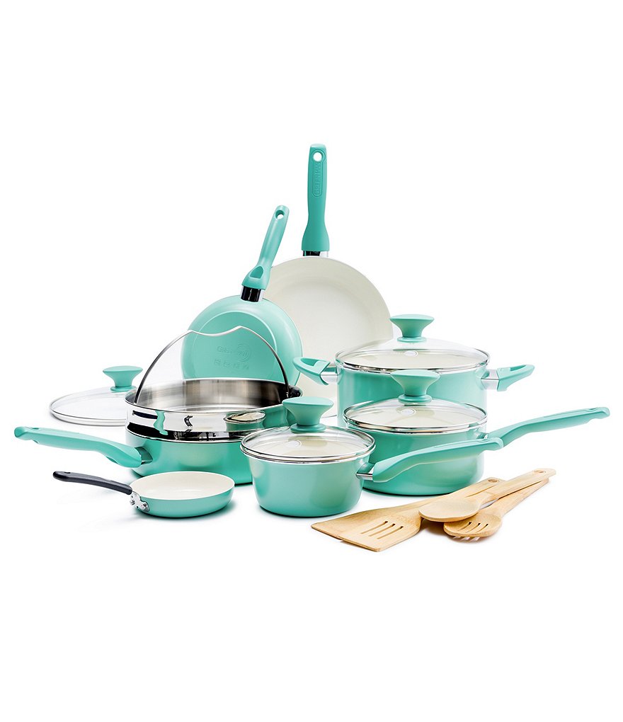 GreenPan Rio 16-Piece Turquoise with Cream Interior Cookware Set