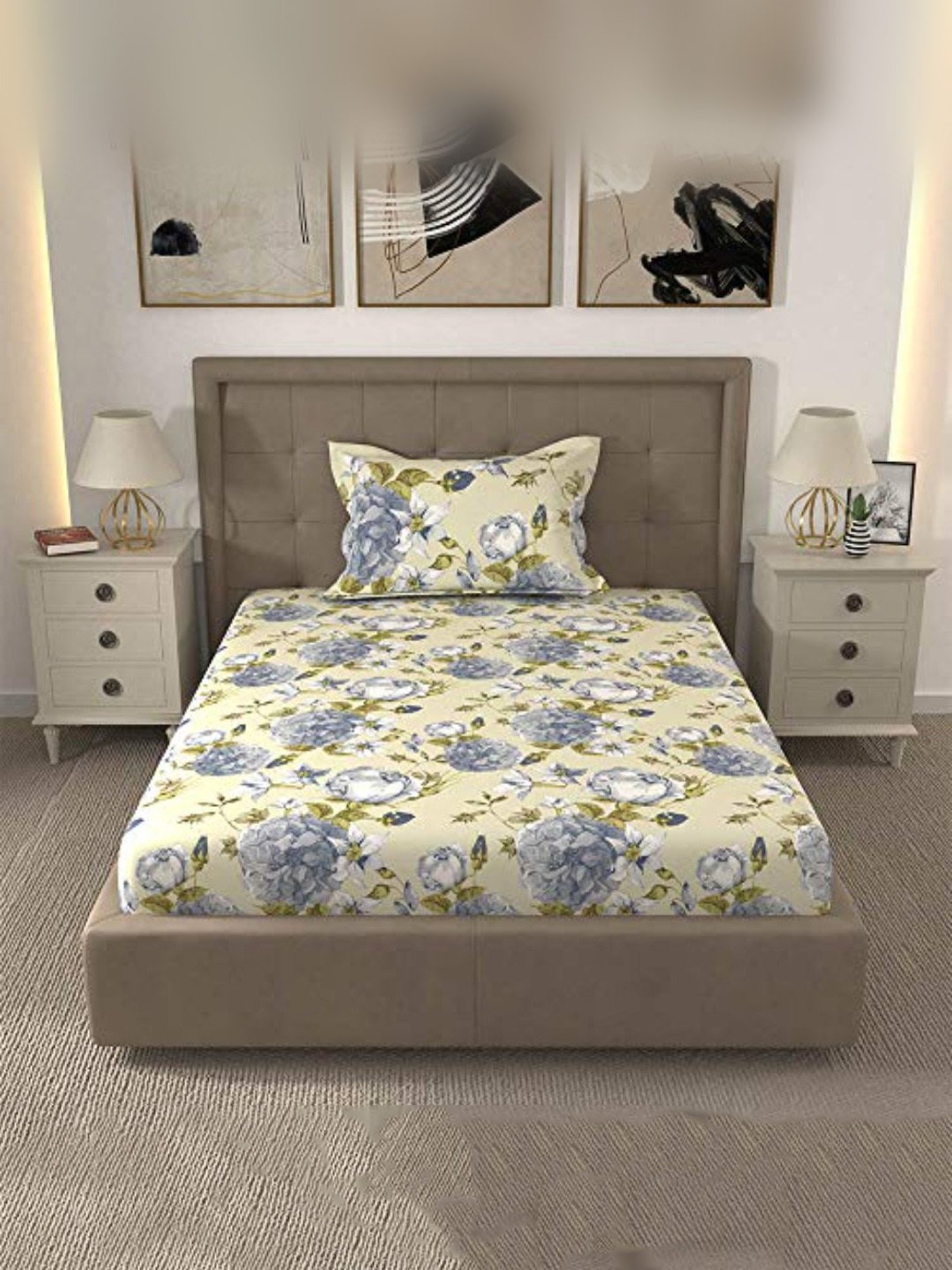 Layers Tuscany Printed Light Blue 104 TC Cotton Single Bed Sheet with 1 Pillow Cover