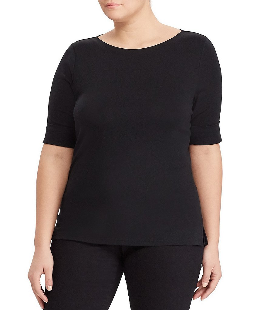 Lauren Ralph Lauren Plus Size Elbow Short Elbow Sleeve Jewel Neck Judy Top