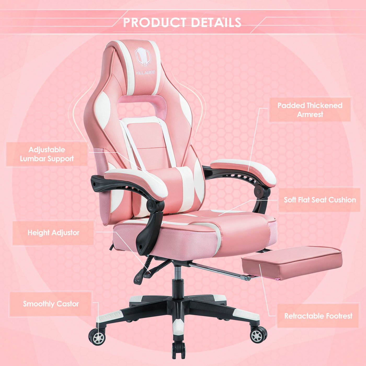 KILLABEE Massage Gaming Chair High Back PU Leather PC Racing Computer Desk Office Swivel Recliner with Retractable Footrest and Adjustable Lumbar Support