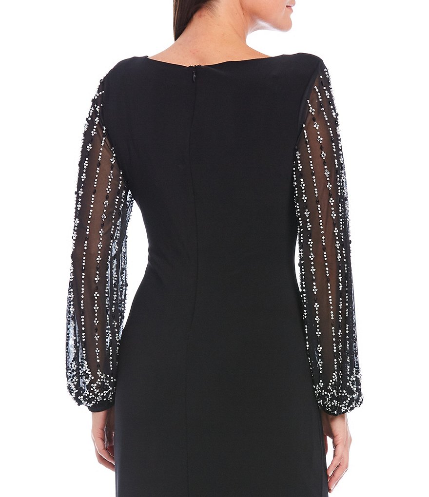 Marina Bateau Neck Long Beaded Sleeve Matte Jersey Gown