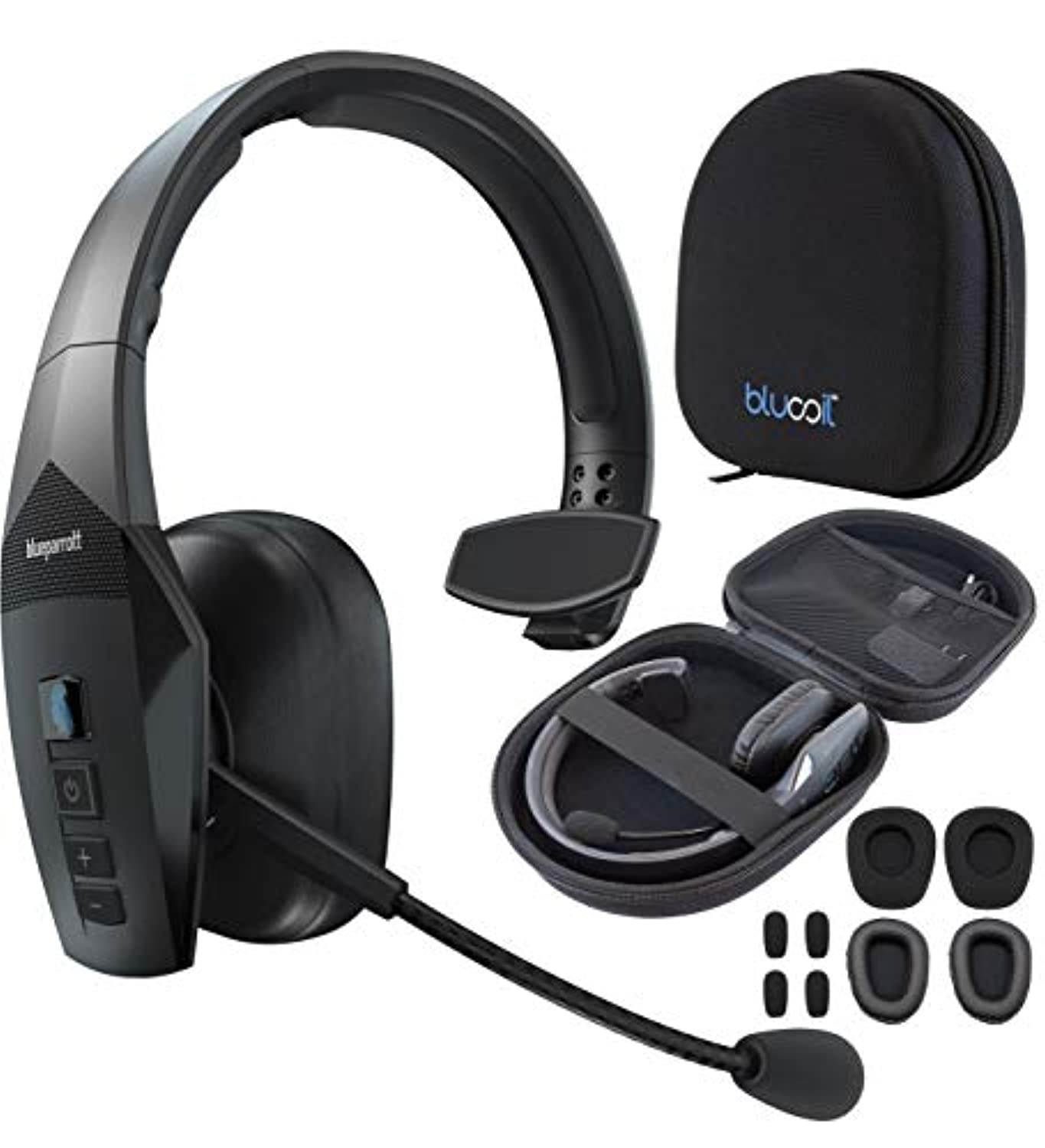 BlueParrott B550-XT Noise Canceling Bluetooth Headset with 300-FT Wireless Range for iOS and Android Bundle with Blucoil Headphones Carrying Case, Replacement Mic Windscreens and Ear Pads (A1795)