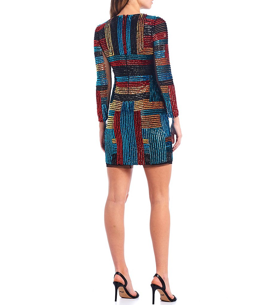 Aidan Aidan Mattox Long Sleeve Beaded Striped Mesh Mini Sheath Dress