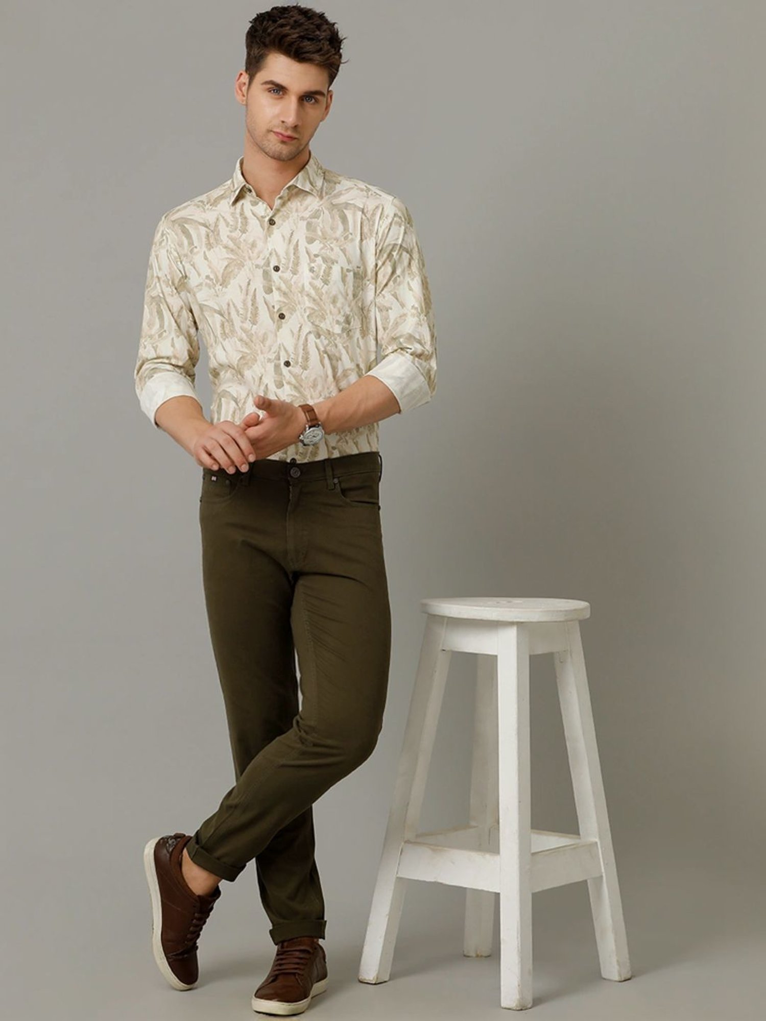 Cavallo By Linen Club Green Linen Contemporary Fit Printed Shirt