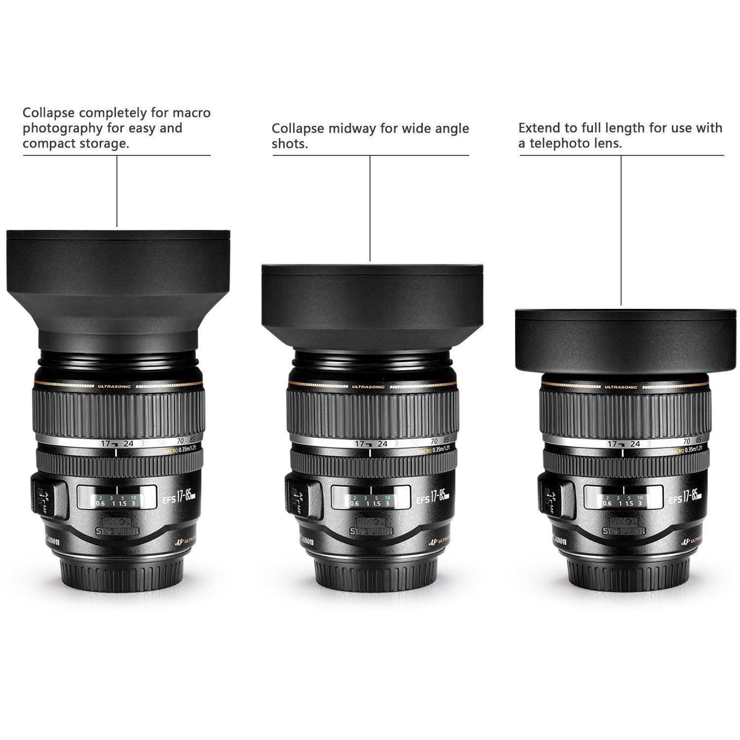 62mm tulip flower lens hood + 62mm soft rubber lens hood for select canon, nikon, olympus, panasonic, pentax, sony, sigma, tamron slr lenses, digital cameras and camcorders + microfiber cleaning cloth