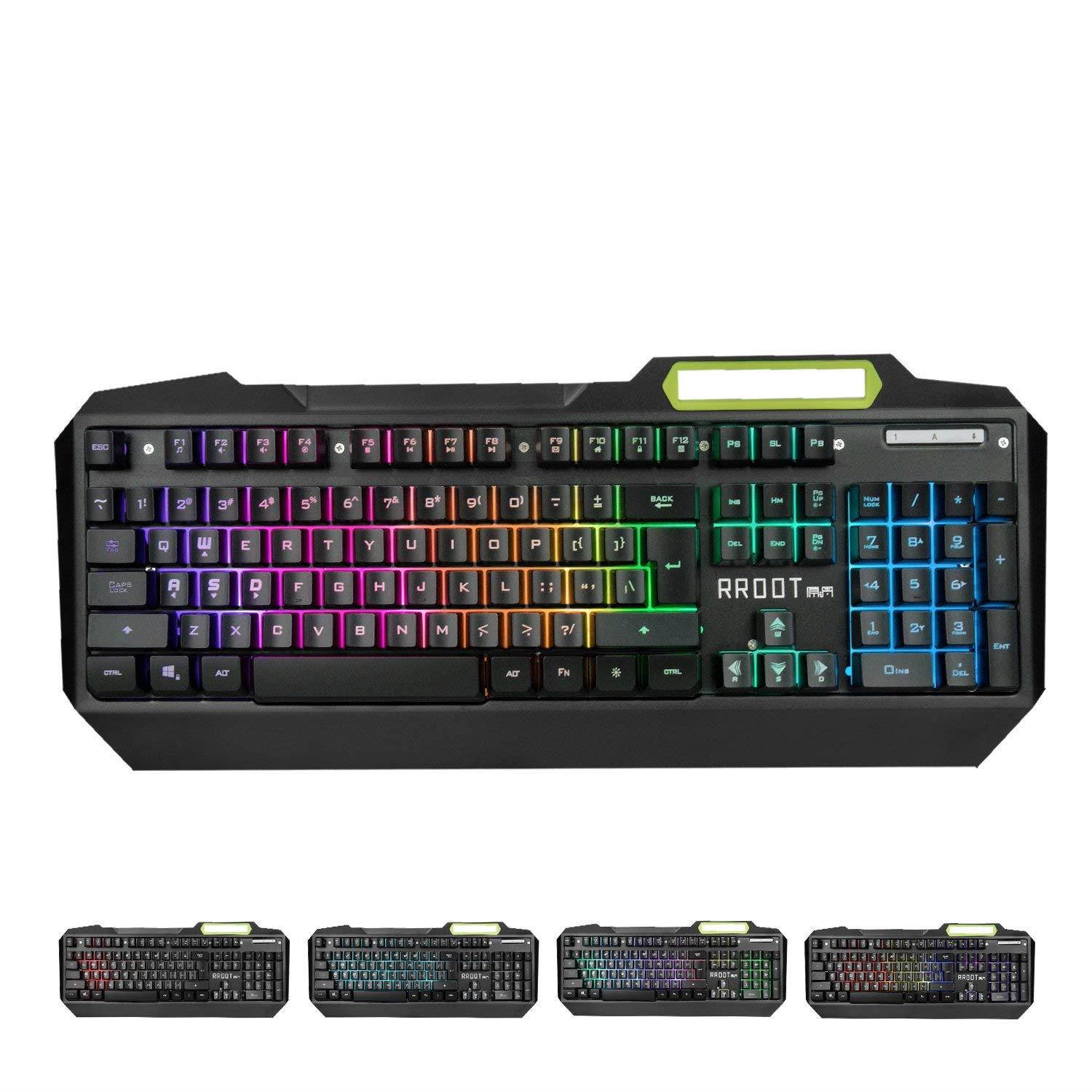 Gaming Keyboard, Anti-Ghosting Multimedia RGB LED Backlit (with Voice Control), 104 Key USB Wired Spill-Resistant Aluminum Alloy Metal Panel for Gaming and Typing by Lumsburry RROOT (Cool Black)