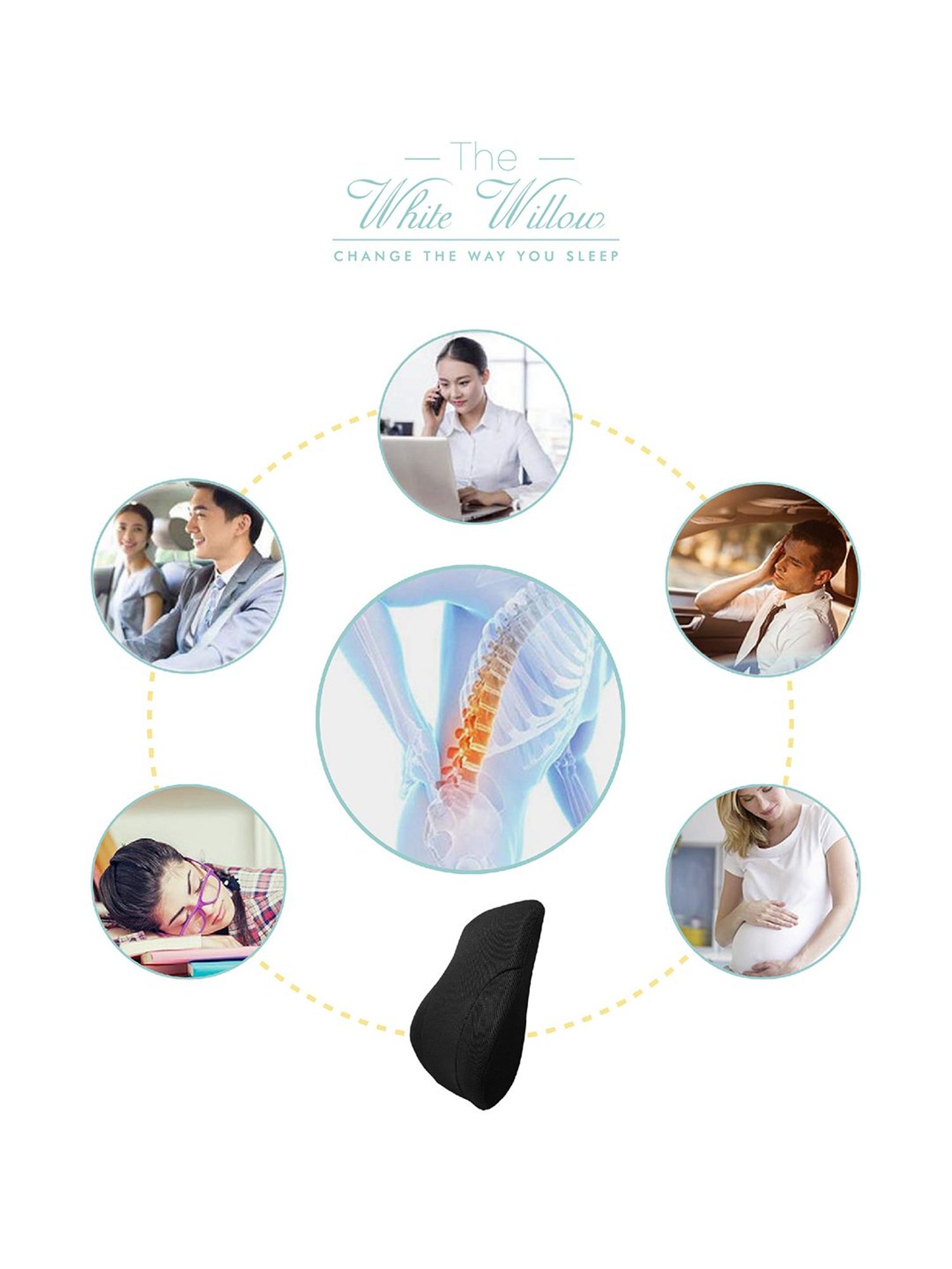 The White Willow Black Memory Foam Spine Support Lumbar Cushion - Set of 1