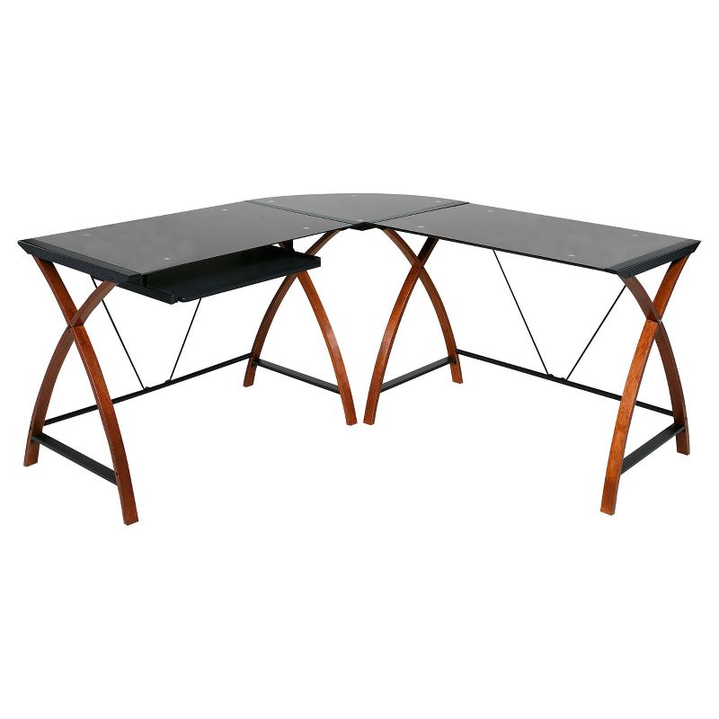 L Shaped Modern Glass and Wood Desk Black - Onespace