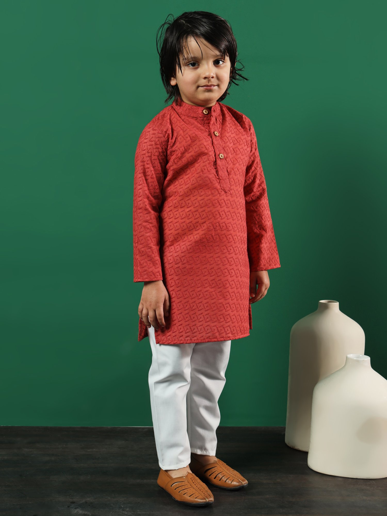 READIPRINT FASHIONS Kids Dark Peach & White Embroidered Full Sleeves Kurta with Pyjamas