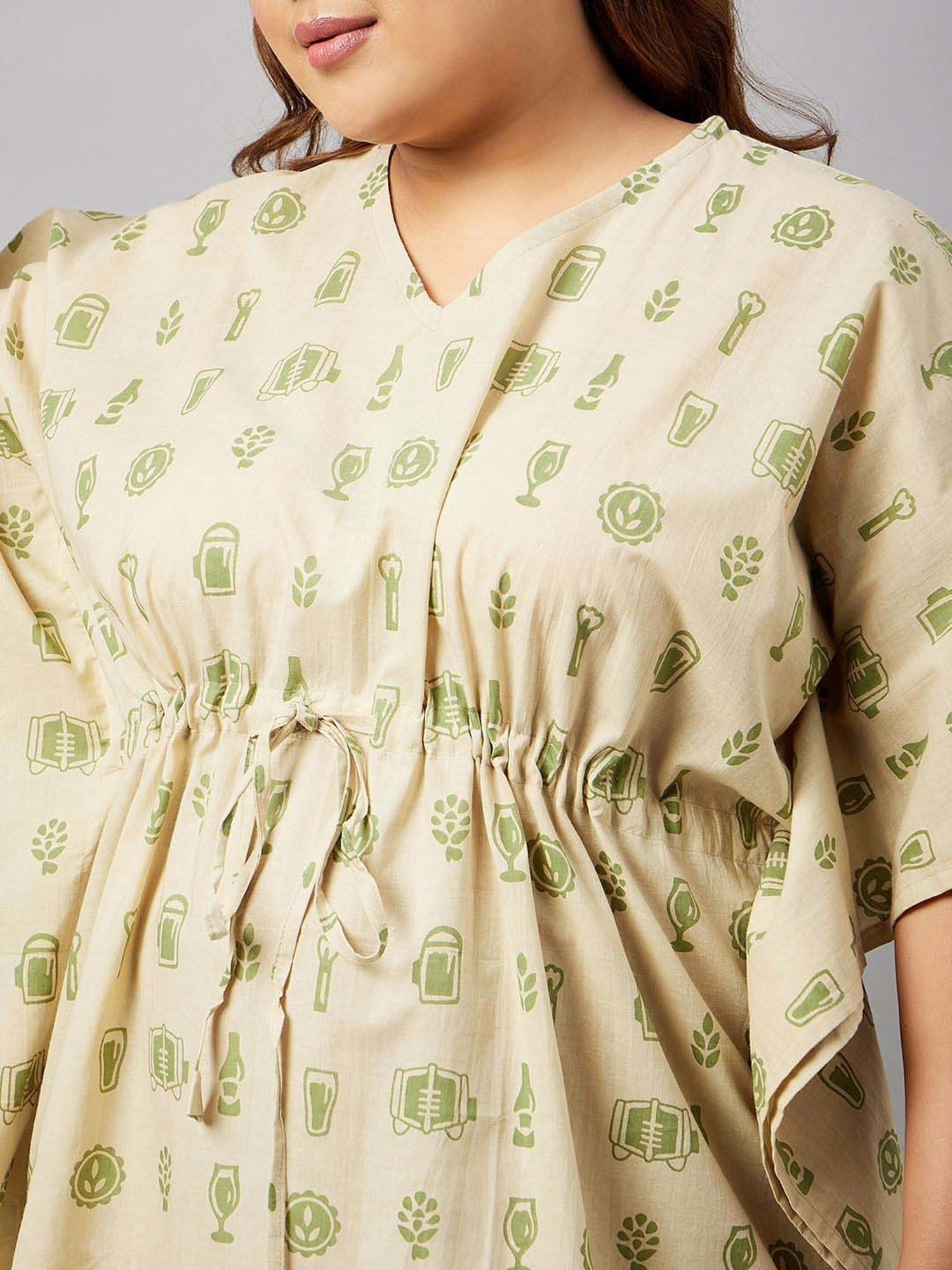 Secrets By ZeroKaata Beige Cotton Printed Kaftan