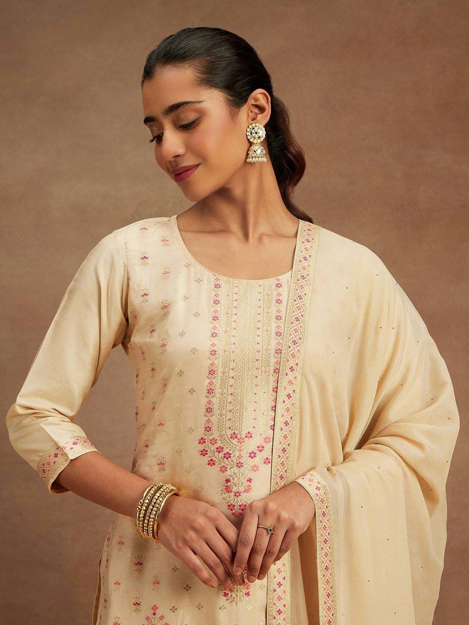 Libas Beige Woven Pattern Kurta Pant Set With Dupatta